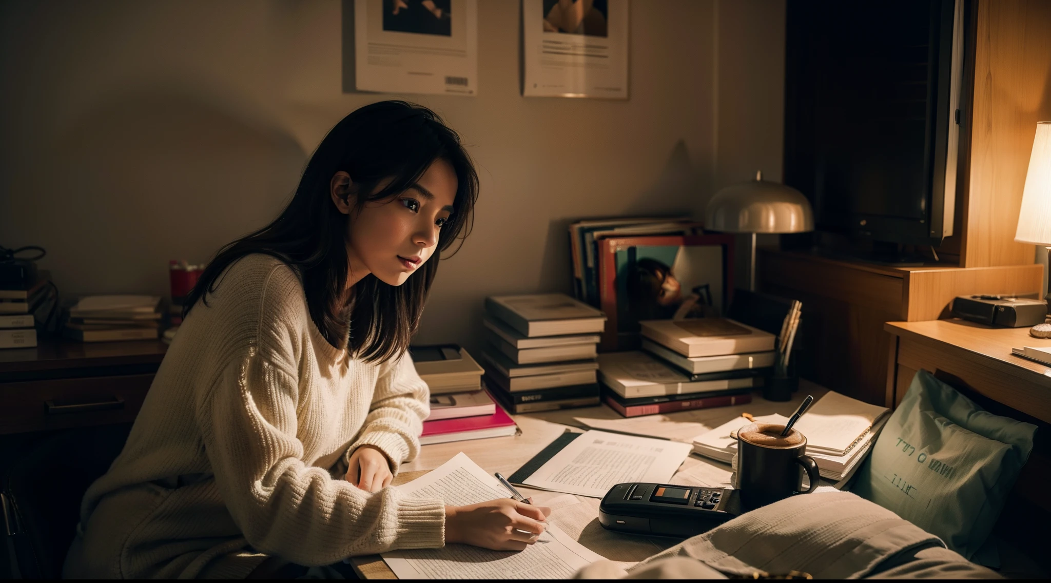 Por favor, Create a realistic image of a young woman sitting at her desk in her bedroom at night.