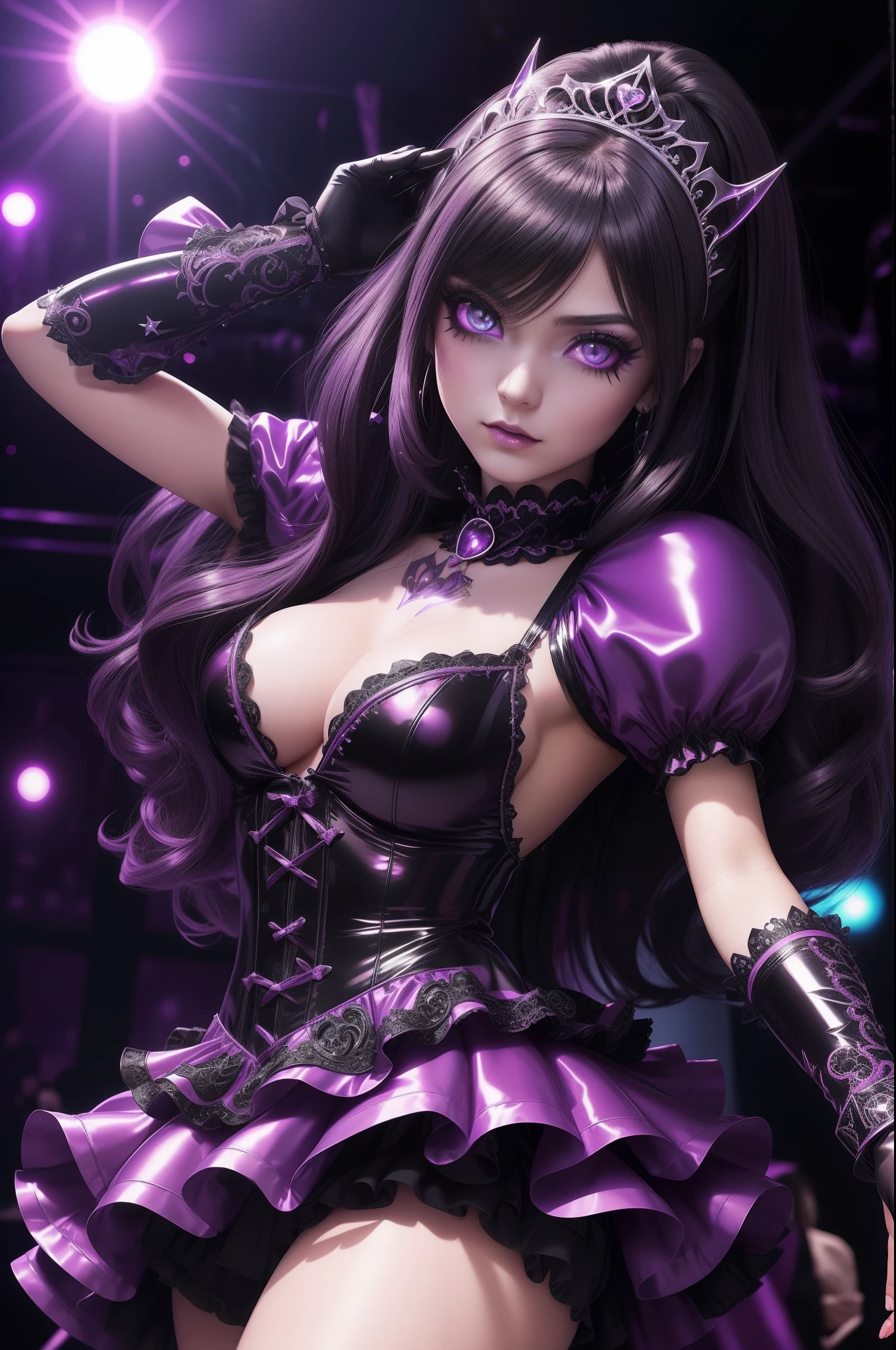 Goth kawaii magical girl heroine, (magical prom queen), (latex like clotes), (small perky breasts), (breasts), (very drunk:1.3), leaning forward, (dancing at a dark disco club), (highly detailed:1.4), (high resolution photo), (detailed face and eyes:1.4), (future funk aesthetic).