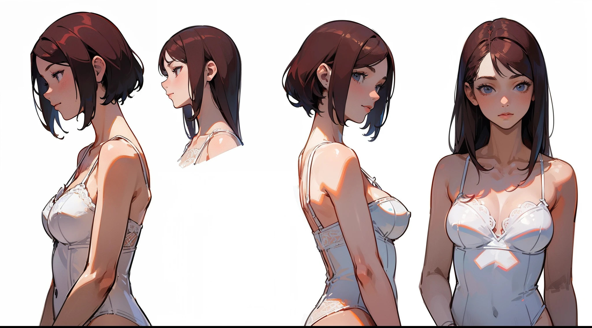 ((Best Quality)), ((Masterpiece)), ((Realistic)) 19 year old, redhead girl, shoulder length hair, relaxed happy face ((slender)) (busty), ((( white lingerie ))) ((sexy )) textured pixie haircut (((detailed character sheet, frontal view, side view, three quarter view))) (((white background))) 6 and a half heads full body