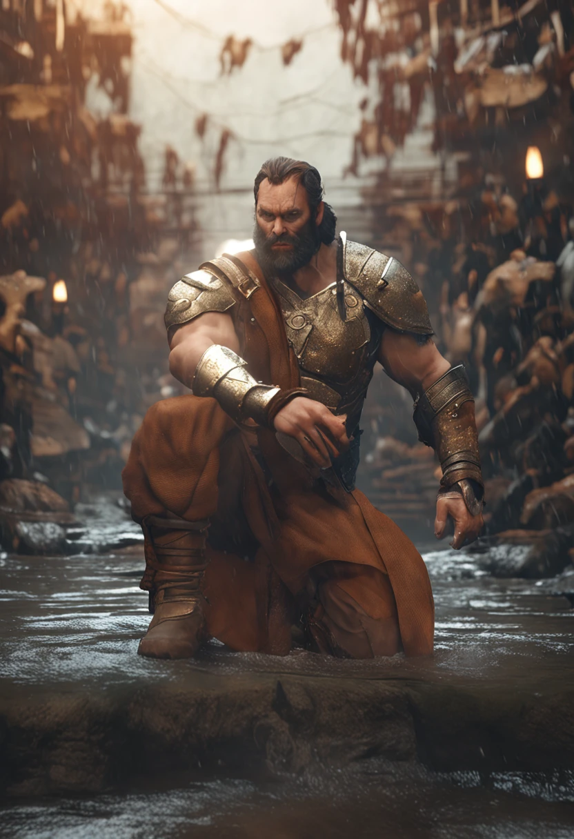 (Renderizado 3D profesional:1.3) de (realista:1.3) The most beautiful art photo in the world,Features soft and bright amazed male heroes, ((Epic hero fantasy muscular rough man wet hero angry look long hair short beard and fierce expression in dynamic pose, Fantastic location, majestuoso entorno desordenado)), Renderizado 8k Unity de cuerpo completo, action shot, poro de la piel, very dark lighting, Sombreado pesado, Detallado, Cara detallada de asombro, (Vibrante, Realistic photography, realista, dramatic, oscuro, foco nítido, 8k), (Old leather garments damaged by weathering:1.4),, (intrincado:1.4), decadente, (Altamente detallado:1.4), Pintura digital, Renderizado por Octane, Estaciones de arte, Concepto-Arte, Suave, foco nítido, 插圖, Arte Germen, (loish:0.23), WLOP Ilya Kuvshinov, y Greg Rutkowski y Alphonse Mucha gracias, (global ilumination, Luz de estudio, Light Volumetric), fuertes lluvias, particles floating, LotR, fantasy, Once, cuerpo completosbian, ((Fondo oscuro y antiguo de la ciudad:1.3)),CGSesociety,Estaciones de arte, toma solo que se vea el rostro