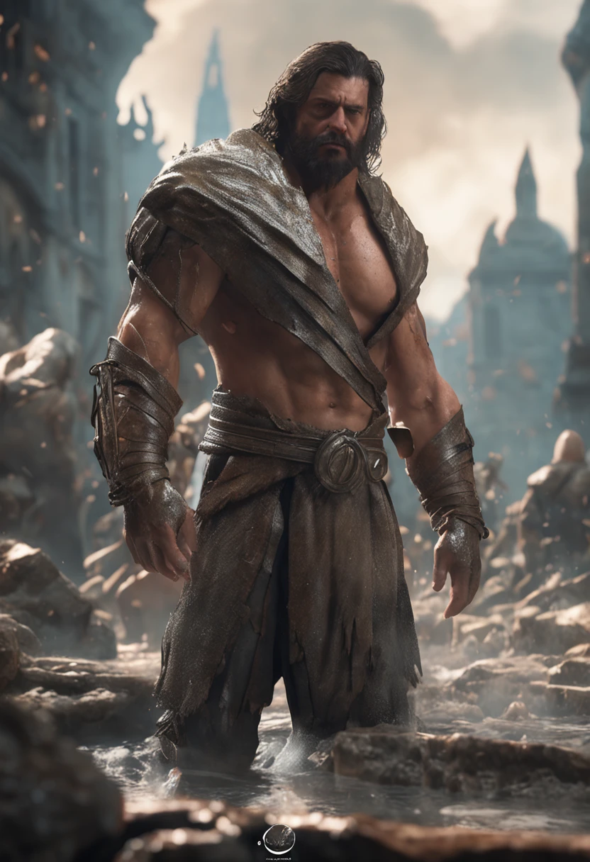 (Renderizado 3D profesional:1.3) de (realista:1.3) The most beautiful art photo in the world,Features soft and bright amazed male heroes, ((Epic hero fantasy muscular rough man wet hero angry look long hair short beard and fierce expression in dynamic pose, Fantastic location, majestuoso entorno desordenado)), Renderizado 8k Unity de cuerpo completo, action shot, poro de la piel, very dark lighting, Sombreado pesado, Detallado, Cara detallada de asombro, (Vibrante, Realistic photography, realista, dramatic, oscuro, foco nítido, 8k), (Old leather garments damaged by weathering:1.4),, (intrincado:1.4), decadente, (Altamente detallado:1.4), Pintura digital, Renderizado por Octane, Estaciones de arte, Concepto-Arte, Suave, foco nítido, 插圖, Arte Germen, (loish:0.23), WLOP Ilya Kuvshinov, y Greg Rutkowski y Alphonse Mucha gracias, (global ilumination, Luz de estudio, Light Volumetric), fuertes lluvias, particles floating, LotR, fantasy, Once, cuerpo completosbian, ((Fondo oscuro y antiguo de la ciudad:1.3)),CGSesociety,Estaciones de arte, toma solo que se vea el rostro