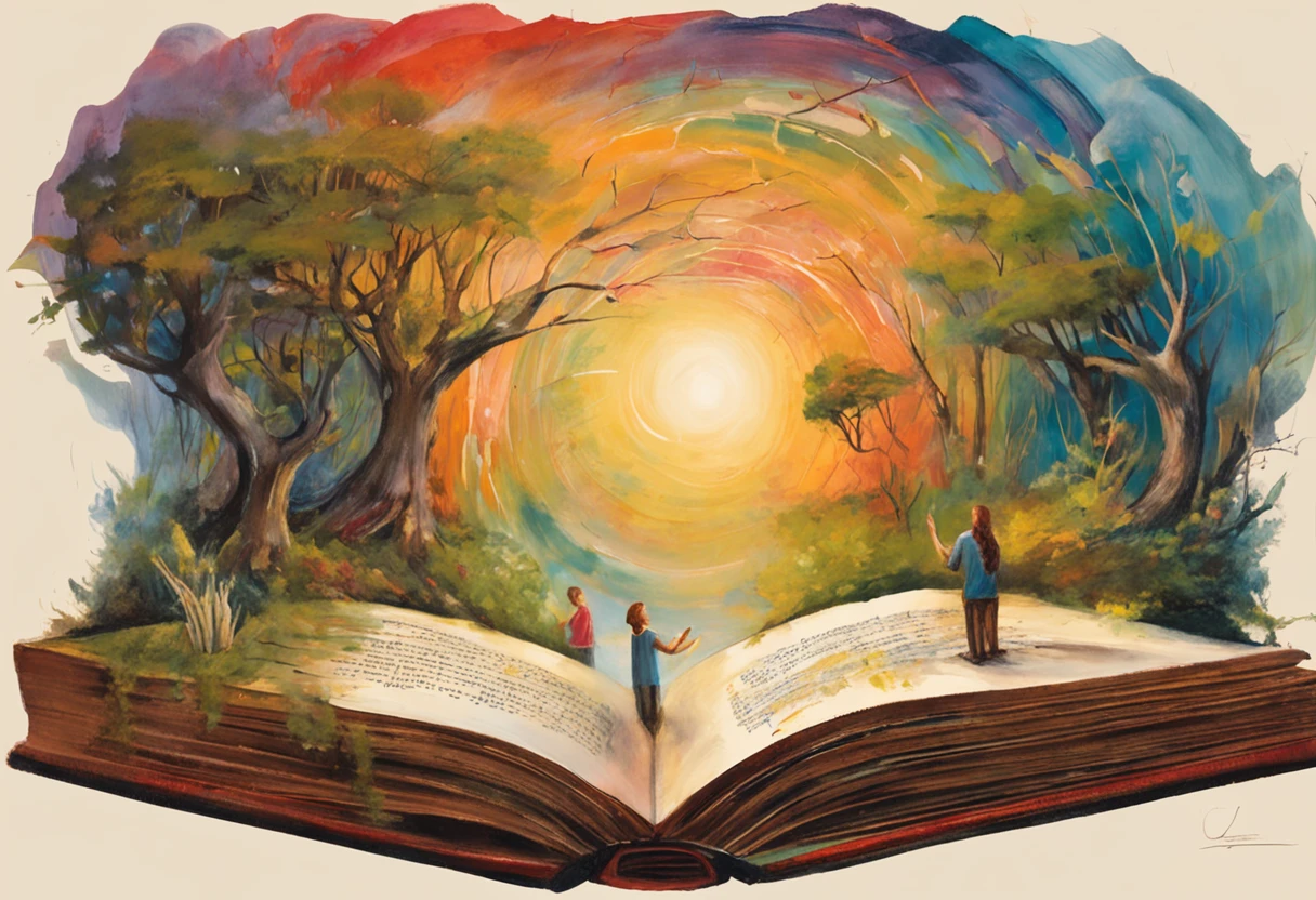 "Uma cena vibrante e envolvente. Imagine a world where words dance and come to life, where characters come off the pages and stories gain wings. In this illustration, We imagine a magical scenario where an open book turns into a portal to a universe of imagination. How pages flow through the air, They turn into elements that make up the scenery – trees that whisper secrets, rivers made of ink and mountains formed by pages.