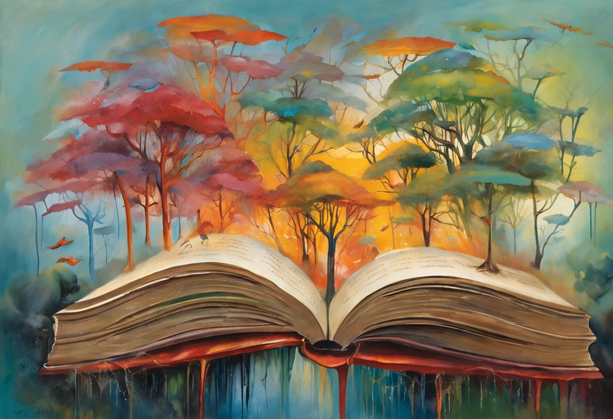 "Uma cena vibrante e envolvente. Imagine a world where words dance and come to life, where characters come off the pages and stories gain wings. In this illustration, We imagine a magical scenario where an open book turns into a portal to a universe of imagination. How pages flow through the air, They turn into elements that make up the scenery – trees that whisper secrets, rivers made of ink and mountains formed by pages.
