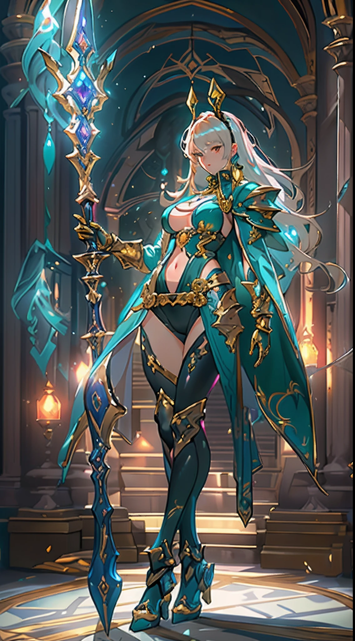 Design a layout showcase Gaming character, ((1girl)), big_boobs. Golden+Purle clothes, stylish and unique, ((showcase weapon:1.4)), magic staff, (masterpiece:1.2), (best quality), 4k, ultra-detailed, (Step by step design, layout art:1.5), (luminous lighting, atmospheric lighting), Final Fantasy style, magican, ((glove full hands)), fran, viera, (((revealing clothes:1.3))), vambraces, armored legwear, (((full_body_shot:1.4))), Niji