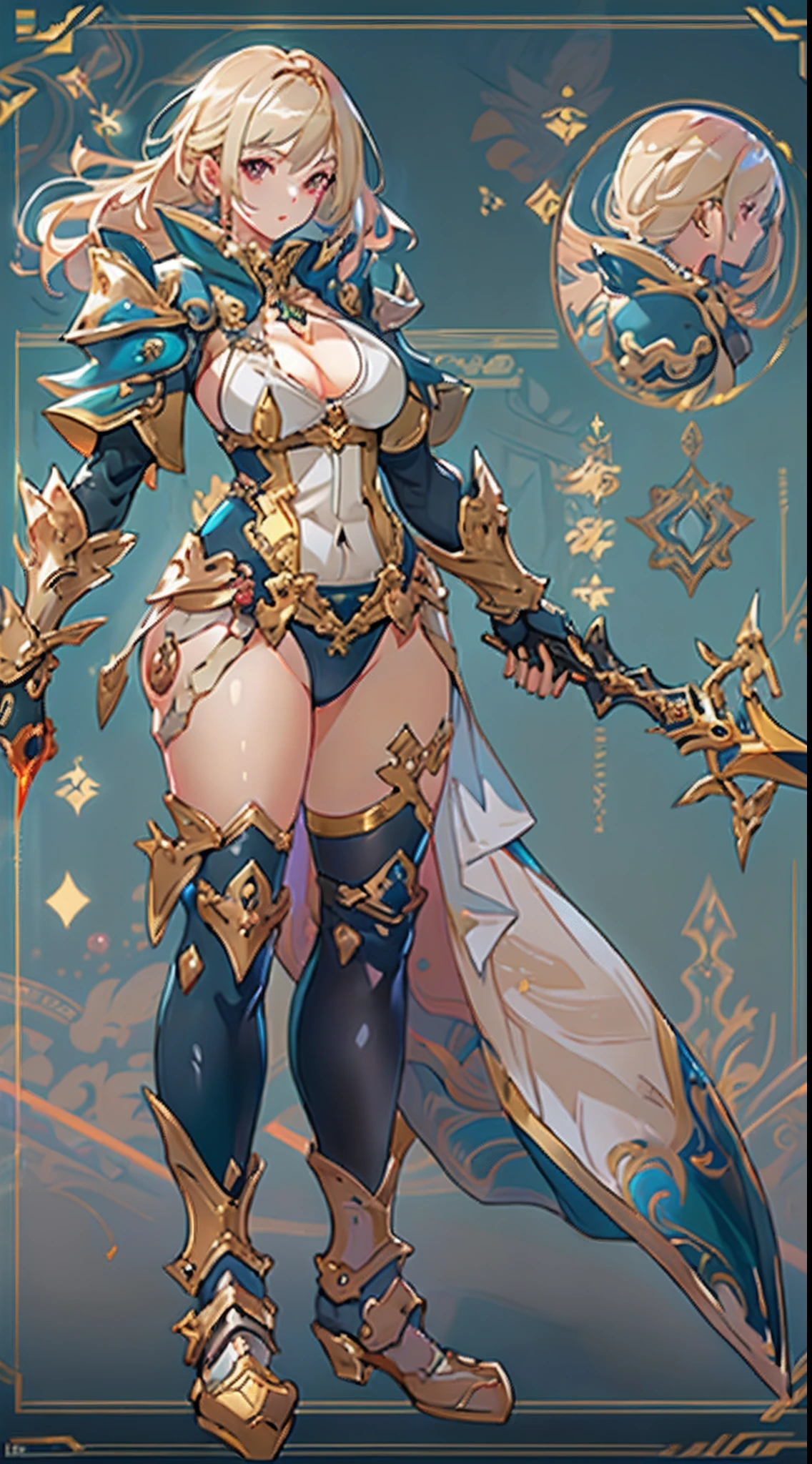 Design a layout showcase Gaming character, ((1girl)), big_boobs. Golden+Purle clothes, stylish and unique, ((showcase weapon:1.4)), magic staff, (masterpiece:1.2), (best quality), 4k, ultra-detailed, (Step by step design, layout art:1.5), (luminous lighting, atmospheric lighting), Final Fantasy style, magican, ((glove full hands)), fran, viera, (((revealing clothes:1.3))), vambraces, armored legwear, (((full_body_shot:1.4))), Niji