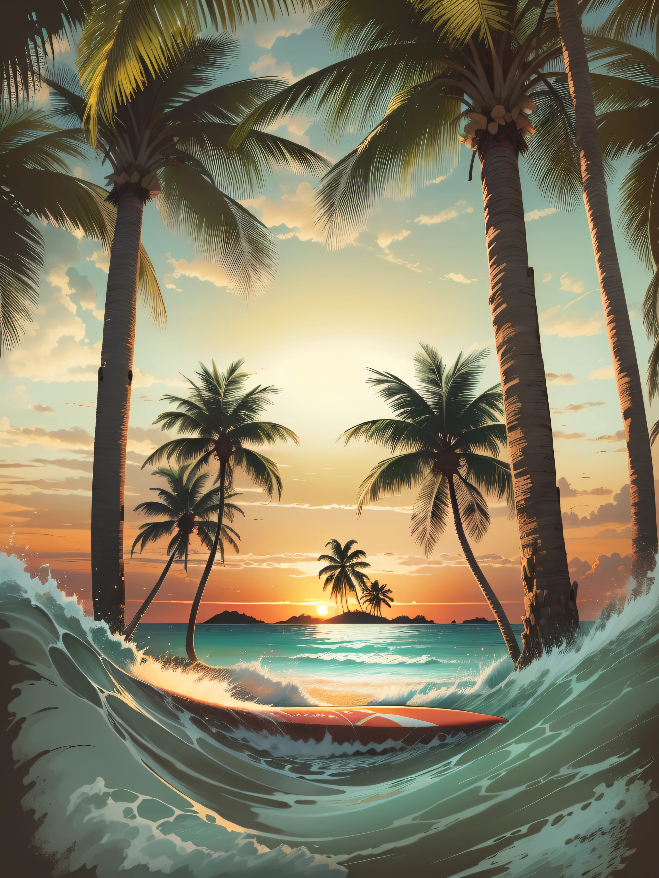 vector image for t-shirt print, white background, surf beach in realistic style, with sunset in the distance with coconut trees around. high quality and beautiful colors