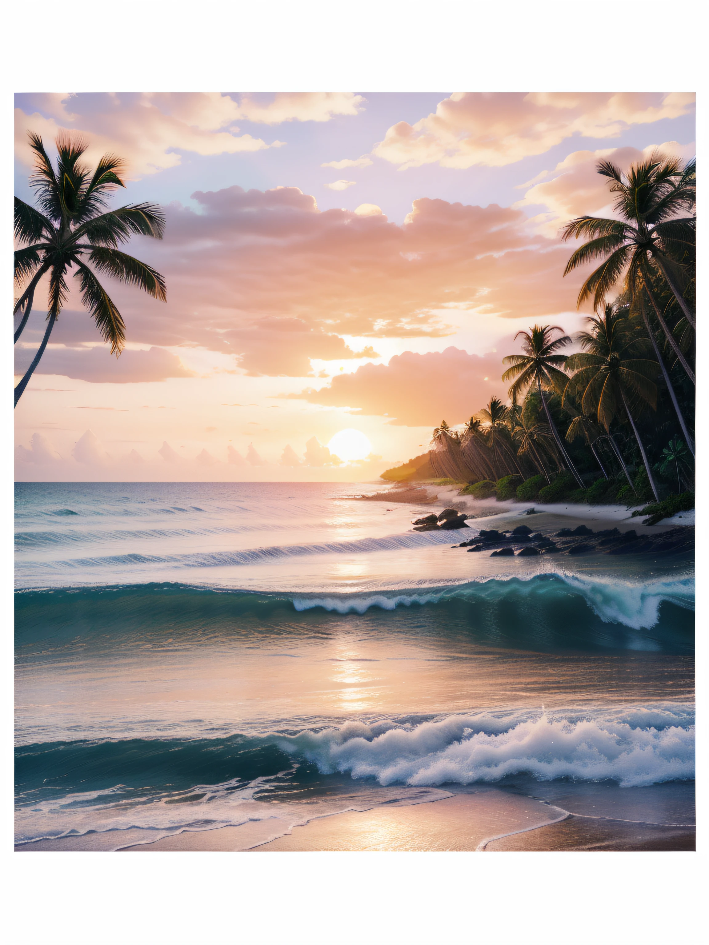 vector image for t-shirt print, white background, surf beach in realistic style, with sunset in the distance with coconut trees around. high quality and beautiful colors