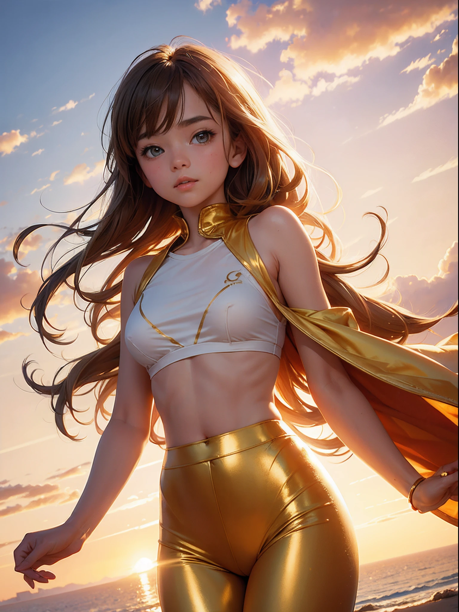 masterpiece, best quality, movie still, 1girl, cloud girl, golden bra, golden leggings, floating in the sky, close-up, bright, happy, warm soft lighting, sunset