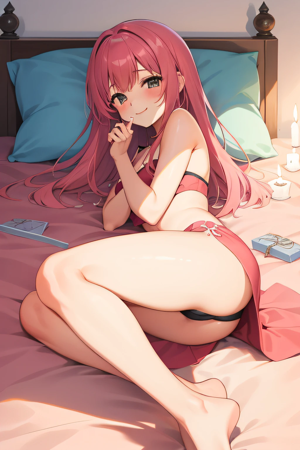 Uma Mulher deitada em uma cama sorrindo e fazendo pose, (Cabelo longo da cor rosa), (Quarto com velas) (Holding the sheet) ( quarto com pouca luz)