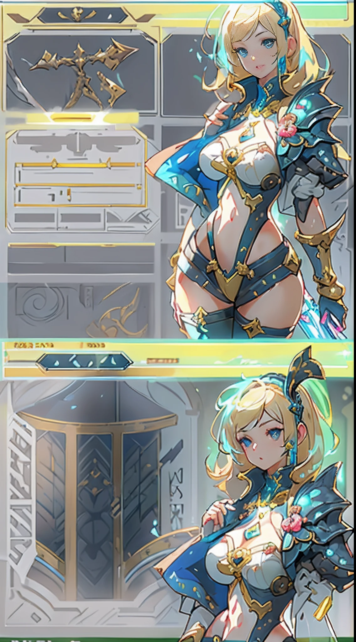 Design a layout showcase Gaming character, ((1girl)), big_boobs. Golden+Purle clothes, stylish and unique, ((showcase weapon:1.4)), magic staff, (masterpiece:1.2), (best quality), 4k, ultra-detailed, (Step by step design, layout art:1.5), (luminous lighting, atmospheric lighting), Final Fantasy style, magican, ((glove full hands)), fran, viera, (((revealing clothes:1.3))), vambraces, armored legwear, (((full_body_shot:1.4))), Niji