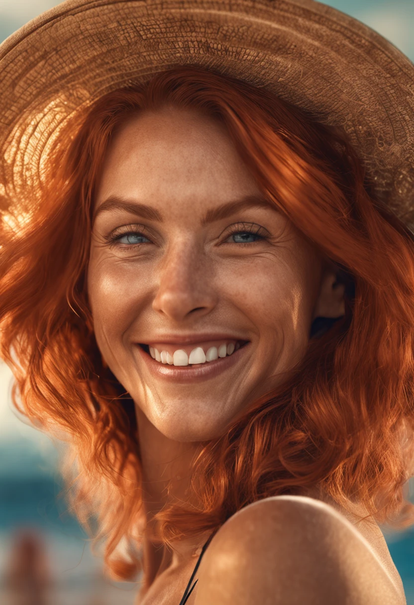 realistic redhead woman smiling in a bikini on a sunny beach. detailed face