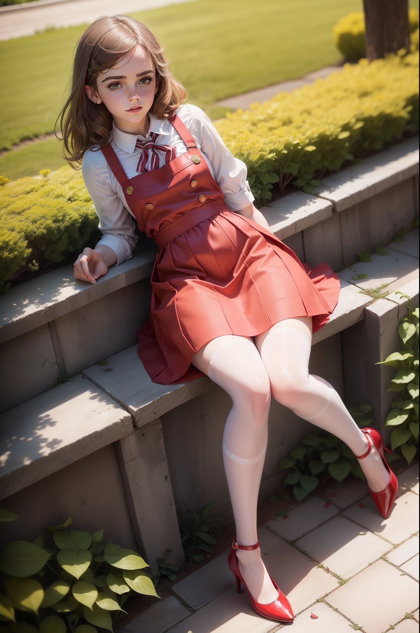 Emma Watson dressed in red pinafore dress, white blouse, fishnet stockings, red striped school tie, high heel shoes, garden