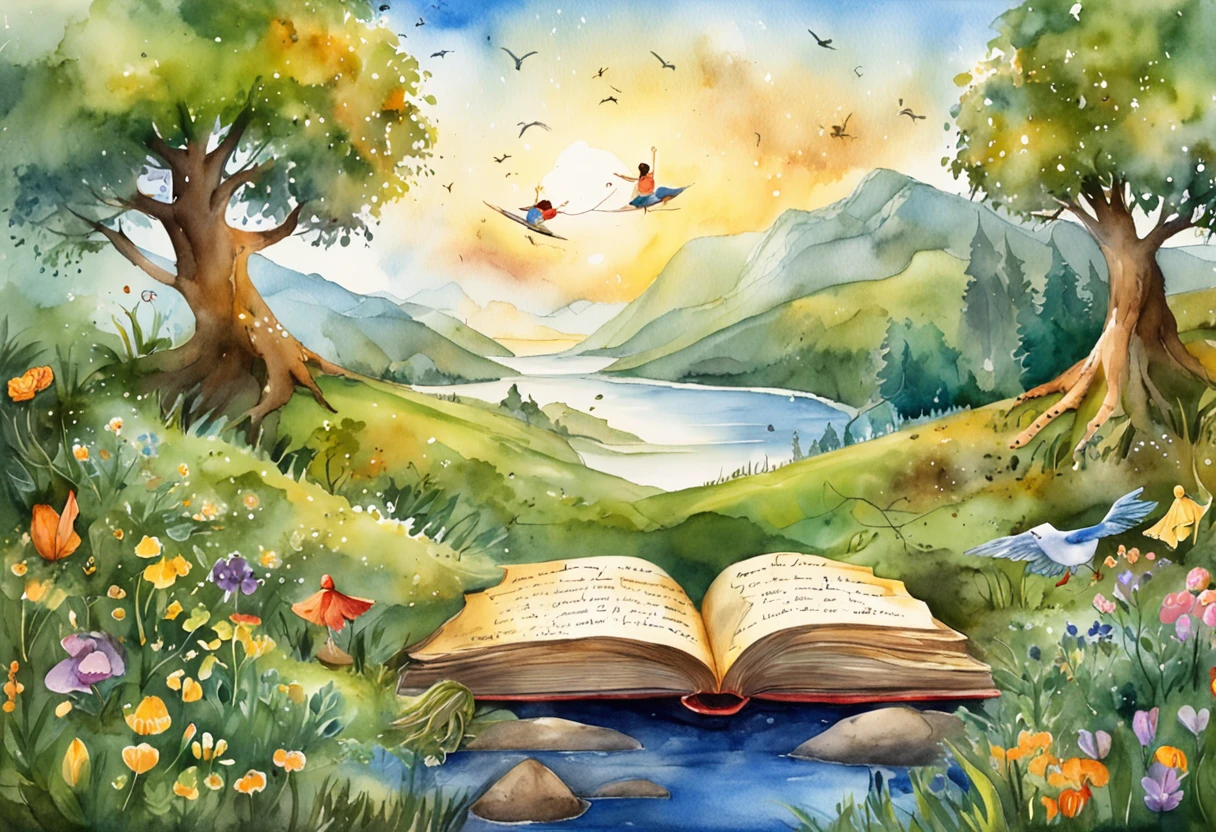 "Uma cena vibrante e envolvente. Imagine a world where words dance and come to life, where characters come off the pages and stories gain wings. In this illustration, We imagine a magical scenario where an open book turns into a portal to a universe of imagination. How pages flow through the air, They turn into elements that make up the scenery – trees that whisper secrets, rivers made of ink and mountains formed by pages.