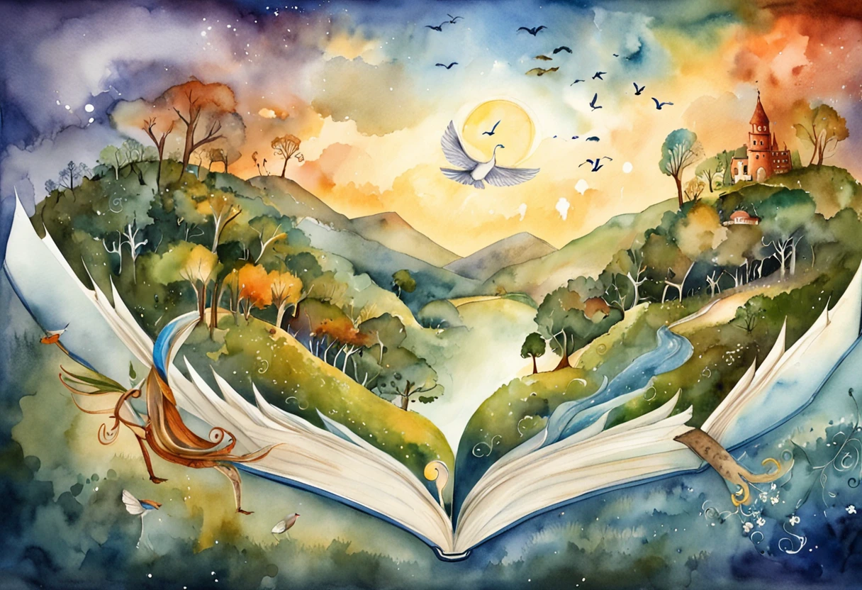 "Uma cena vibrante e envolvente. Imagine a world where words dance and come to life, where characters come off the pages and stories gain wings. In this illustration, We imagine a magical scenario where an open book turns into a portal to a universe of imagination. How pages flow through the air, They turn into elements that make up the scenery – trees that whisper secrets, rivers made of ink and mountains formed by pages.