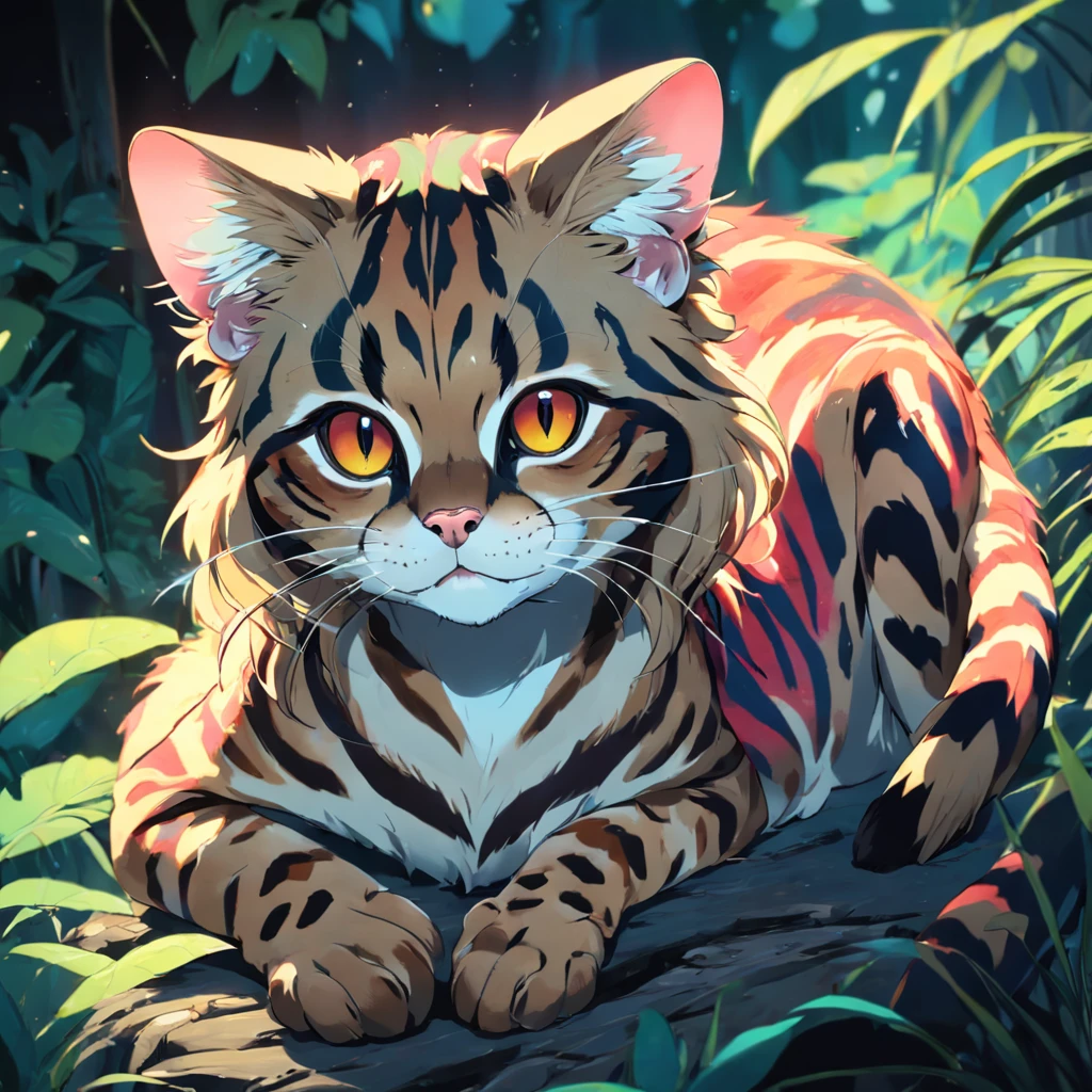 Margay who is a Cat Trespasser sneaking in, fur is psychedelic rainbow colors, best quality, masterpiece