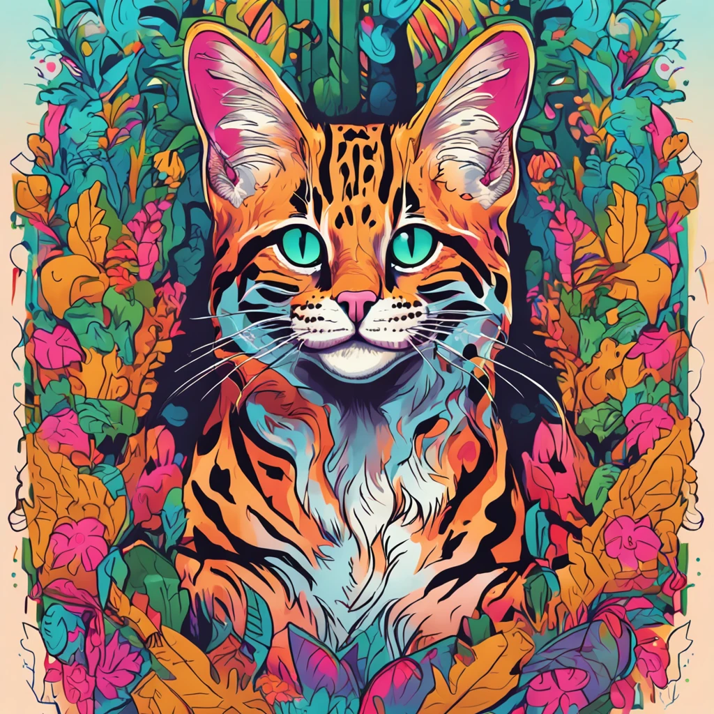 Margay who is a Cat Trespasser sneaking in, fur is psychedelic rainbow colors, best quality, masterpiece, in flat desgin style