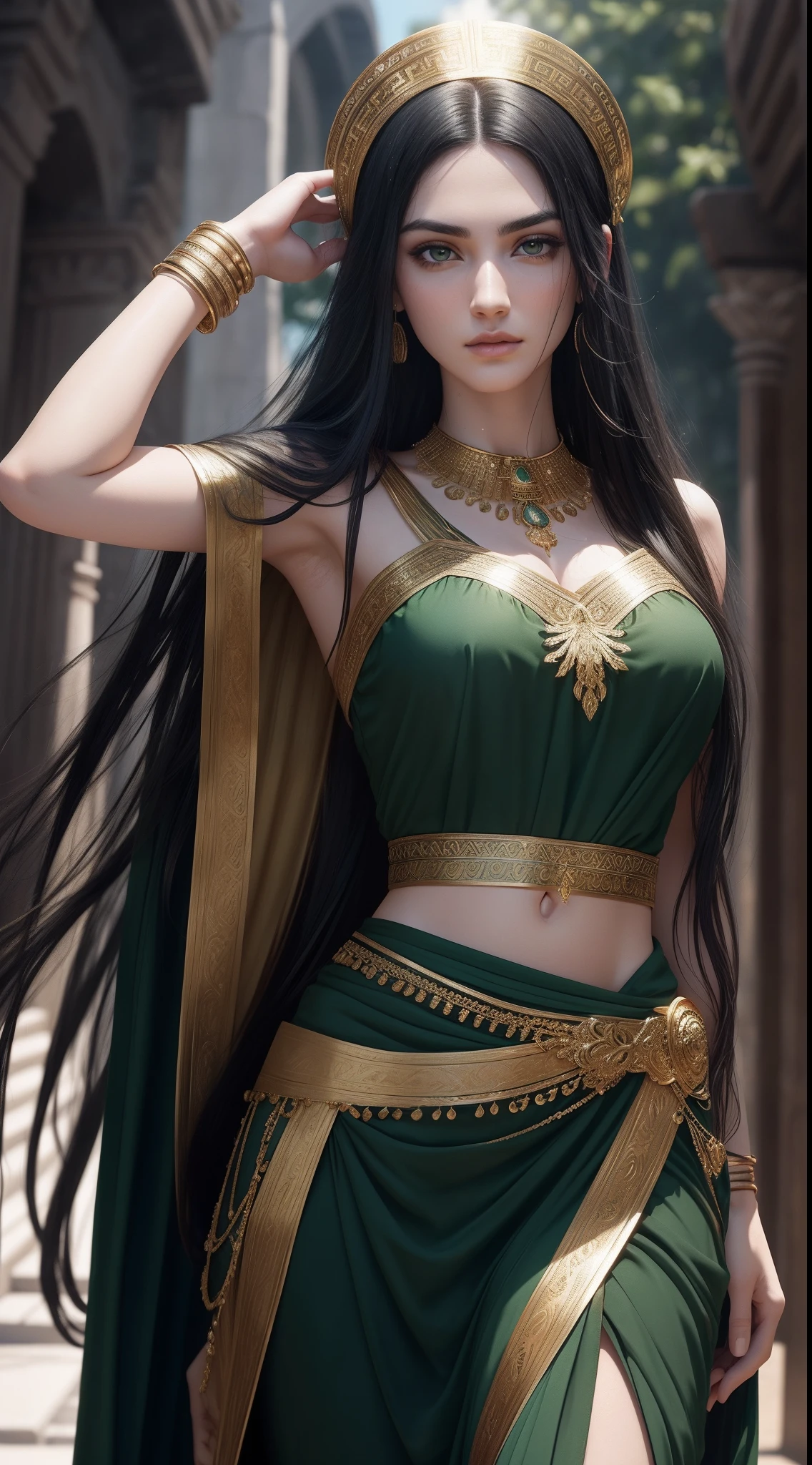 (A beautiful 25 years old female greek maiden), (long black hair), (pale skin), (detailed sweaty appearance), (serious face), (wearing green colored revealing greek maiden outfit with golden jeweleries), view from front, dynamic pose, ambient lighting, photo realism, intricate face detail, intricate hand details, highly detailed, vibrant colors, cinematic, high definition, trending on Artstation--style raw