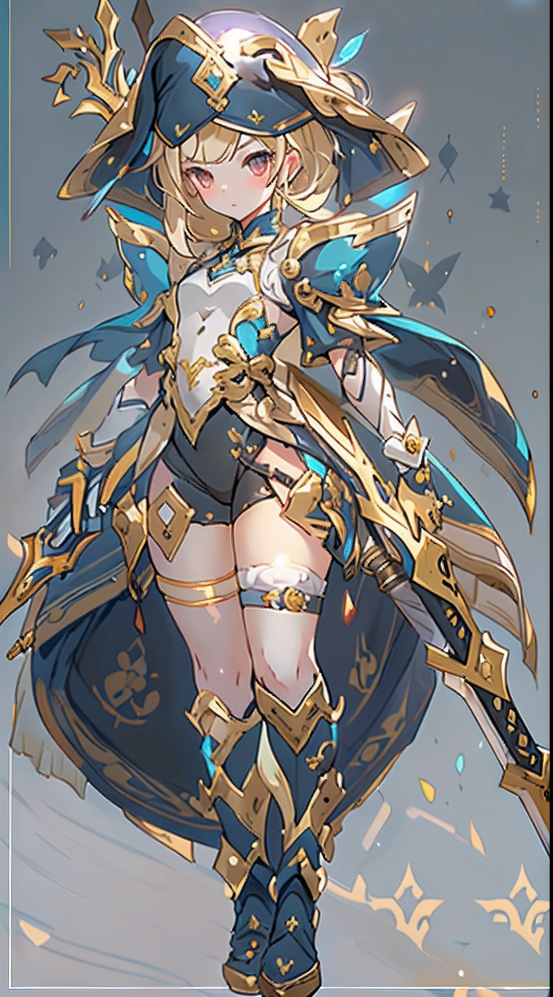 Design a layout showcase Gaming character, ((1__girl)), 10yolden+Purle clothes, stylish and unique, ((showcase weapon:1.4)), magic staff, (masterpiece:1.2), (best quality), 4k, ultra-detailed, (Step by step design, layout art:1.5), (luminous lighting, atmospheric lighting), Final Fantasy style, magican, ((glove full hands)), fran, viera, (((revealing clothes:1.3))), vambraces, armored legwear, (((full_body_shot:1.4))), Niji