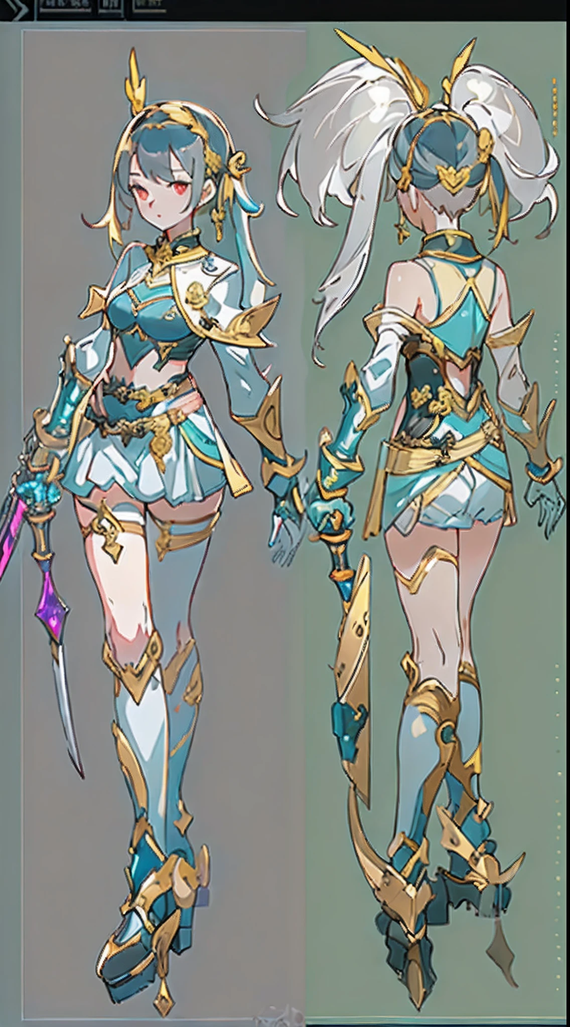 Design a layout showcase Gaming character, ((1_****_girl)), ****. Golden+Purle clothes, stylish and unique, ((showcase weapon:1.4)), magic staff, (masterpiece:1.2), (best quality), 4k, ultra-detailed, (Step by step design, layout art:1.5), (luminous lighting, atmospheric lighting), Final Fantasy style, magican, ((glove full hands)), fran, viera, (((revealing clothes:1.3))), vambraces, armored legwear, (((full_body_shot:1.4))), Niji