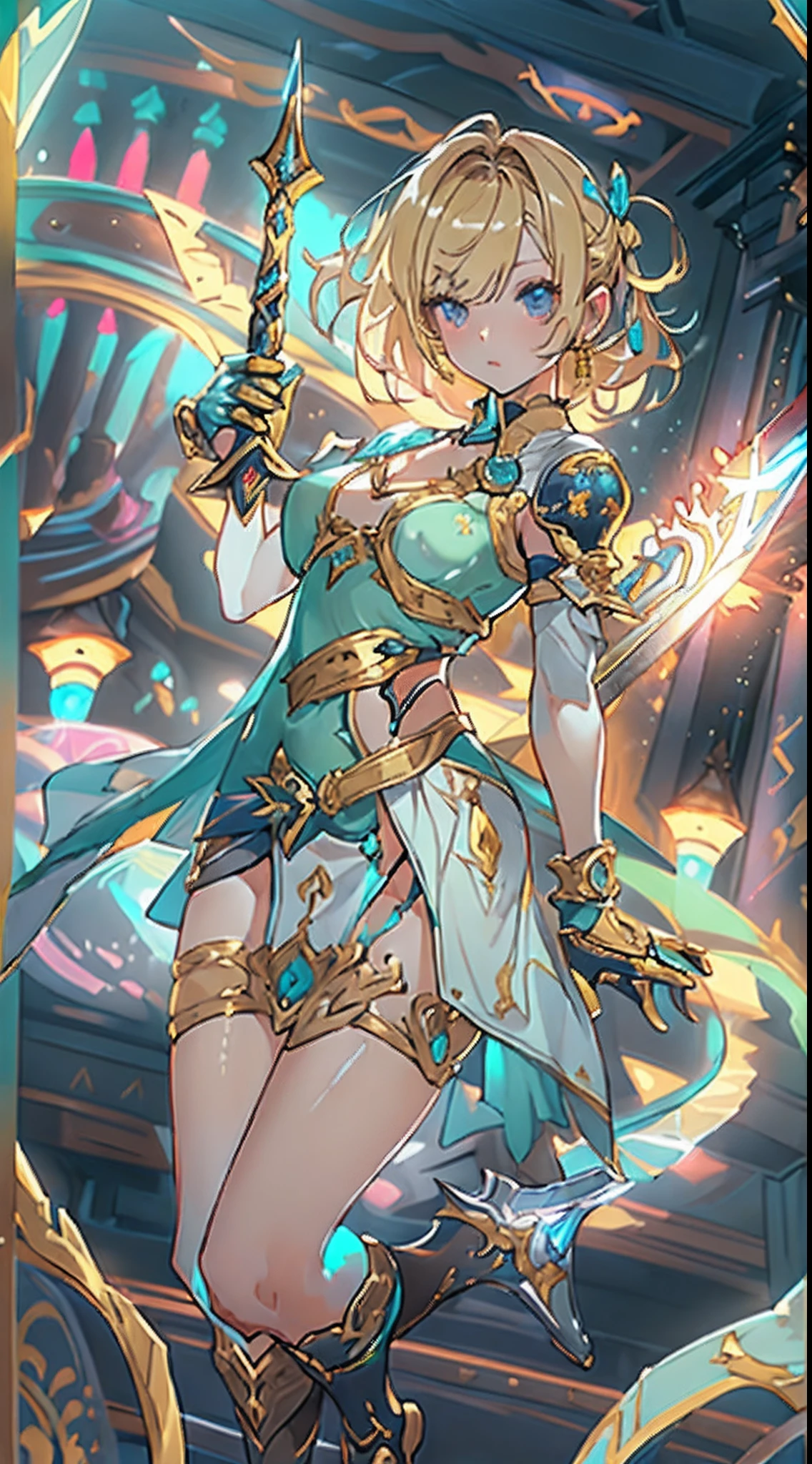 Design a layout showcase Gaming character, ((1__girl)), 10yolden+Purle clothes, stylish and unique, ((showcase weapon:1.4)), magic staff, (masterpiece:1.2), (best quality), 4k, ultra-detailed, (Step by step design, layout art:1.5), (luminous lighting, atmospheric lighting), Final Fantasy style, magican, ((glove full hands)), fran, viera, (((revealing clothes:1.3))), vambraces, armored legwear, (((full_body_shot:1.4))), Niji