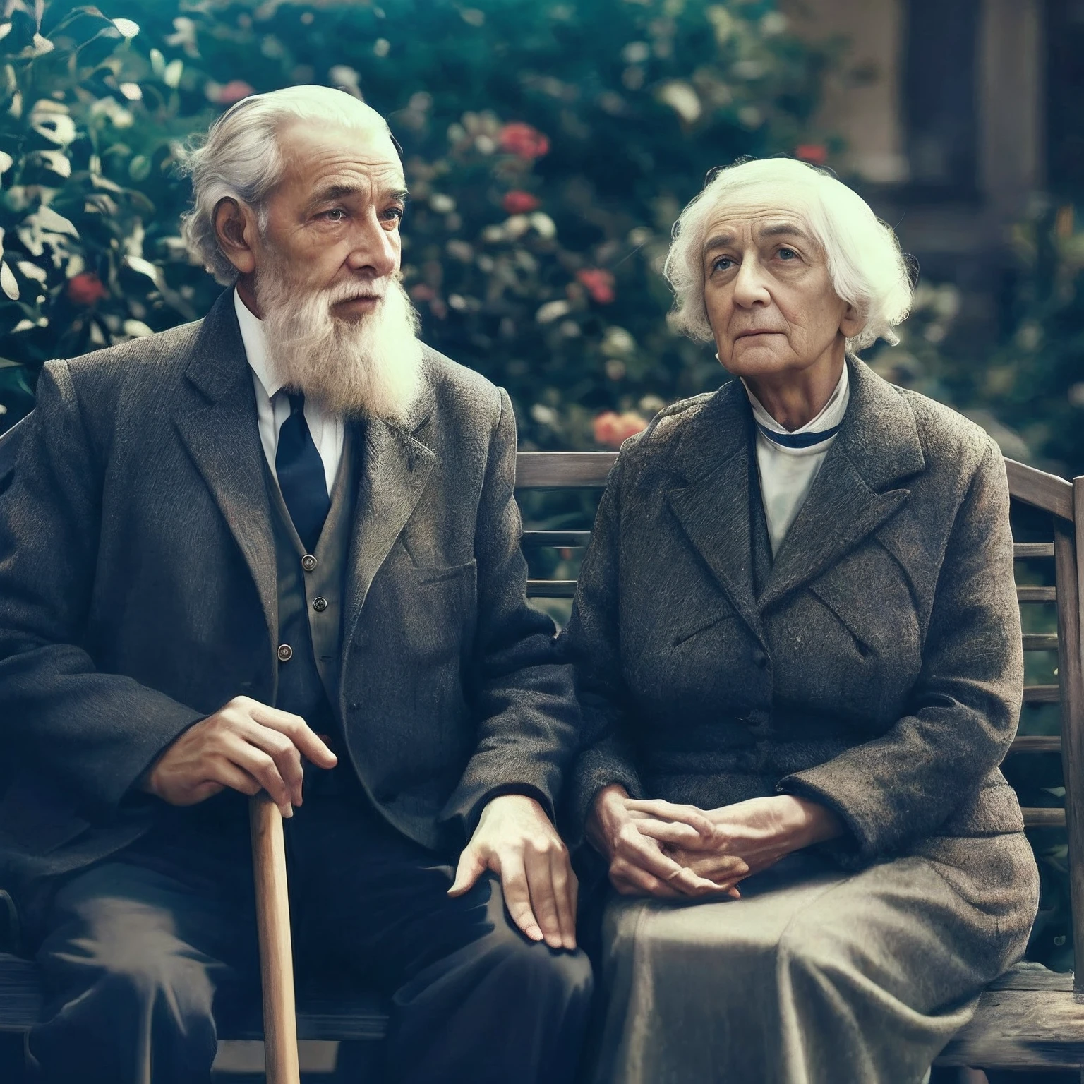 homem e mulher mais velhos sentados em um banco em frente a um arbusto, dois idosos, idoso, dois velhos magros, Directed by: Artur Tarnowski, foto realista de 1933, colorido, colorido, Por Irakli Nadar, two frail, colorido