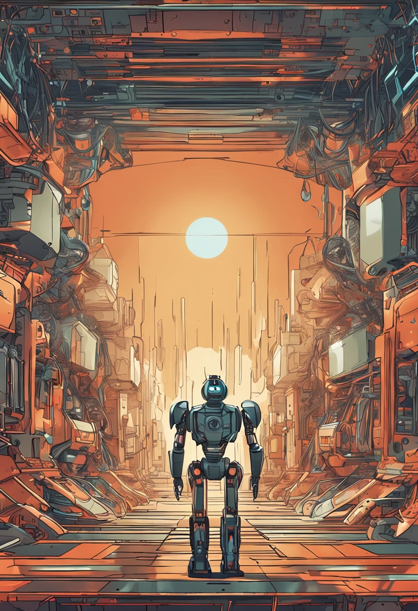 Illustrate the moment when the Cronos robot overcomes the system's defenses. Your appearance begins to transform, incorporando elementos da complexidade digital. Detail how lines of code flow through your body, misturando-se com sua estrutura. Highlight the gradual transformation of the robot, enquanto ele absorve a energia do sistema.