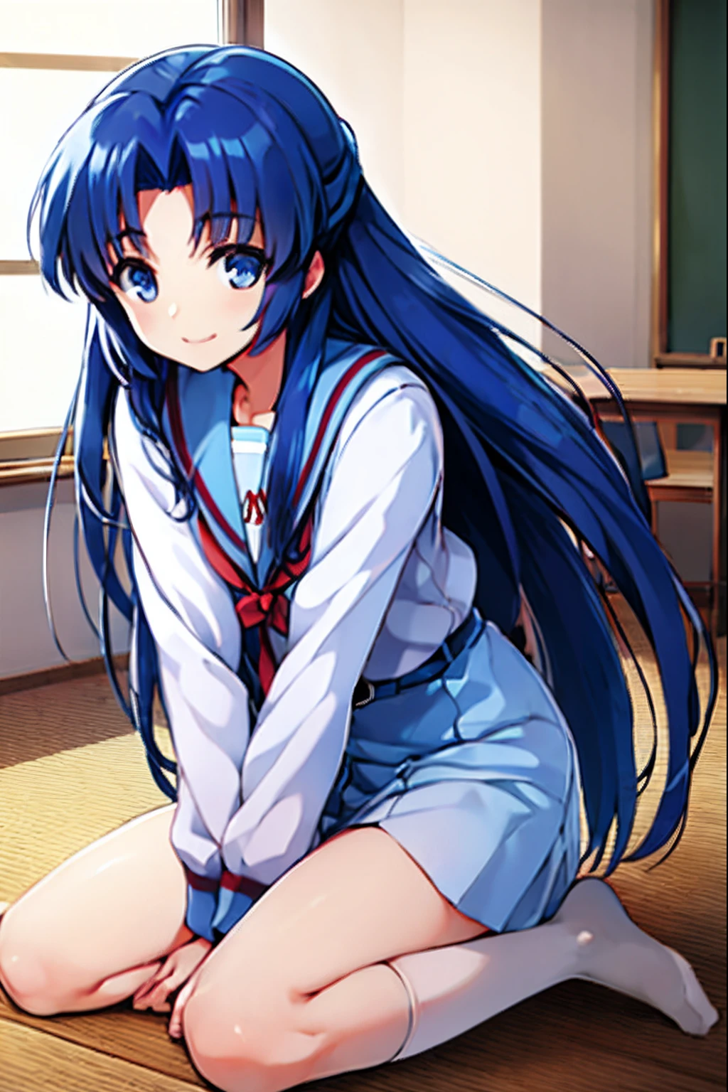 ryoukoasakura, ryouko asakura, blue hair, blue eyes, long hair,
kita high school uniform, long sleeves, sailor collar, classroom,
 (perfect hands, perfect anatomy),