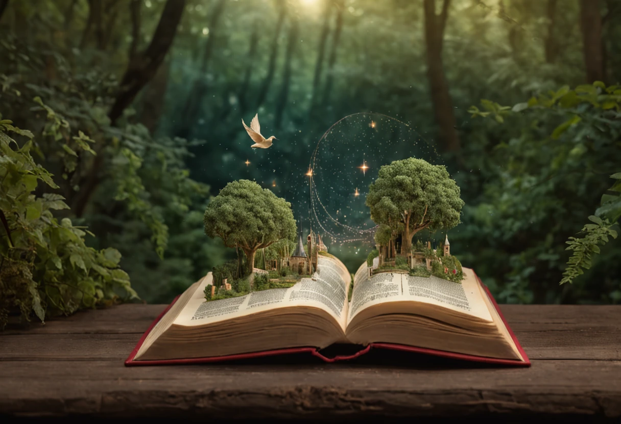 "Uma cena vibrante e envolvente. Imagine a world where words dance and come to life, where characters come off the pages and stories gain wings. In this illustration, We imagine a magical scenario where an open book turns into a portal to a universe of imagination. How pages flow through the air, They turn into elements that make up the scenery – trees that whisper secrets, rivers made of ink and mountains formed by pages.