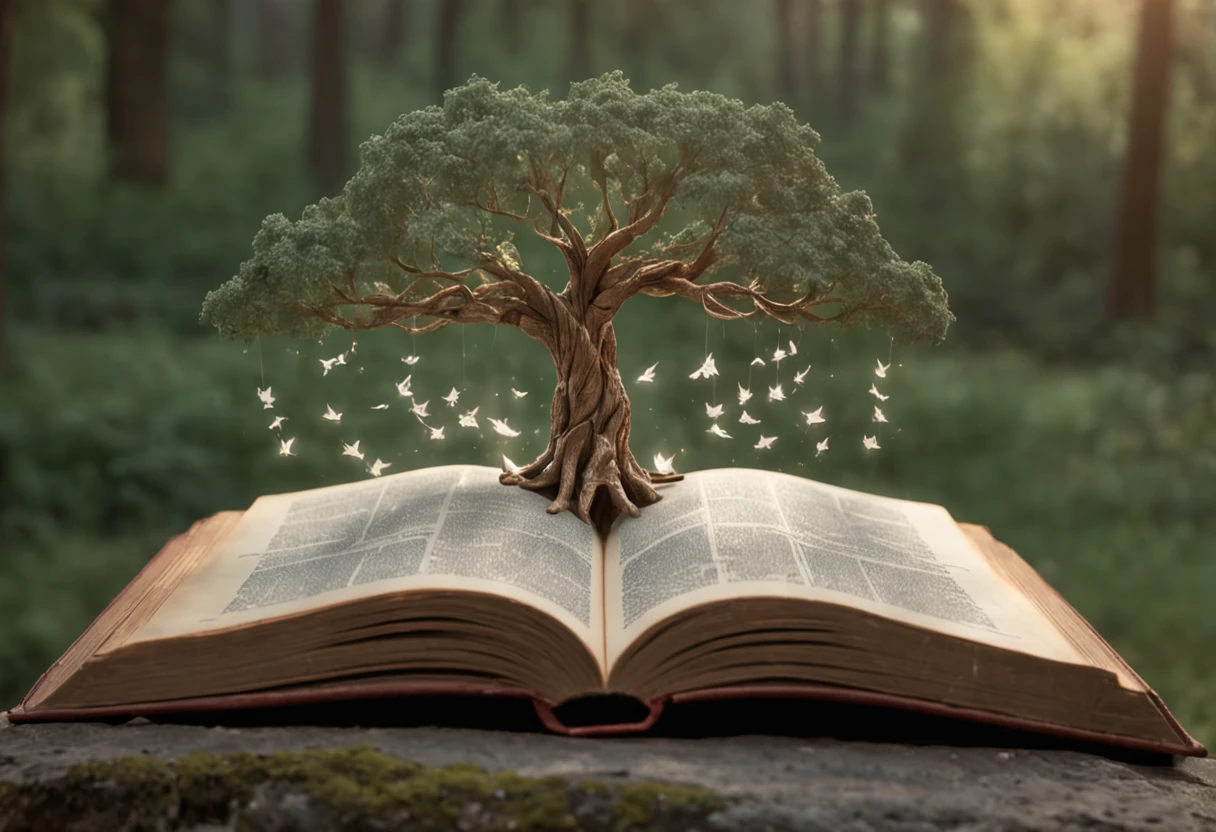 "Uma cena vibrante e envolvente. Imagine a world where words dance and come to life, where characters come off the pages and stories gain wings. In this illustration, We imagine a magical scenario where an open book turns into a portal to a universe of imagination. How pages flow through the air, They turn into elements that make up the scenery – trees that whisper secrets, rivers made of ink and mountains formed by pages.