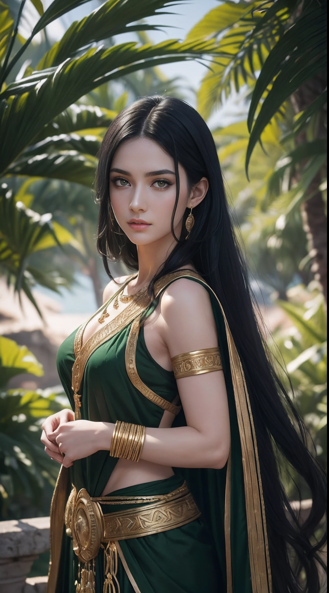(A beautiful female greek maiden), (long black hair), (pale skin), (detailed sweaty appearance), (serious face), (wearing green colored revealing greek maiden outfit with golden jeweleries), view from front, waist up shot, dynamic pose, ambient lighting, photo realism, intricate face detail, intricate hand details, highly detailed, vibrant colors, picture taken with Sony A7RIV, with Sony 16-35mm f/4 lenses, cinematic, high definition, trending on Artstation--style raw