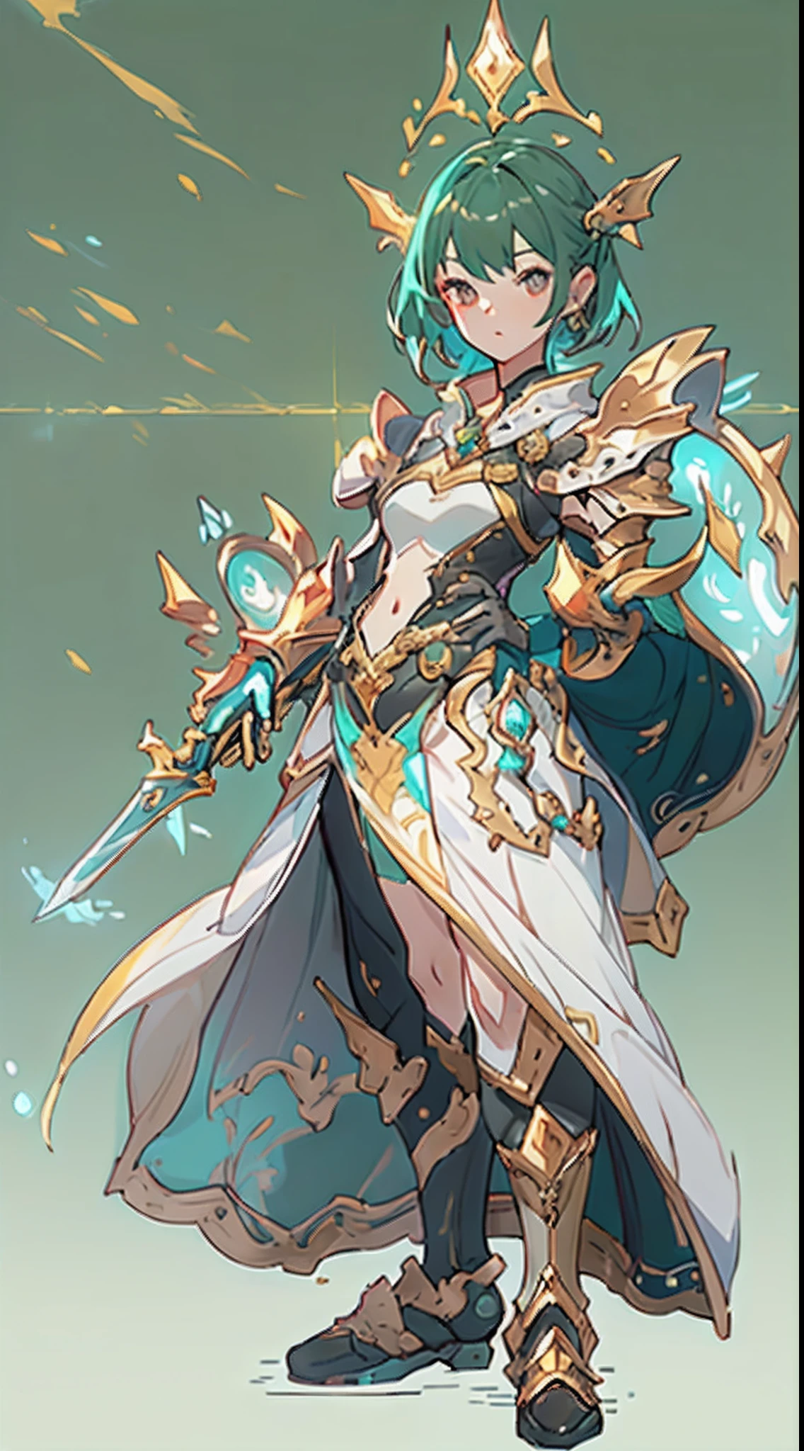 Design a layout showcase Gaming character, ((1kid)). Golden+Purle clothes, stylish and unique, ((showcase weapon:1.4)), magic staff, (masterpiece:1.2), (best quality), 4k, ultra-detailed, (Step by step design, layout art:1.5), (luminous lighting, atmospheric lighting), Final Fantasy style, magican, ((glove full hands)), fran, viera, (((revealing clothes:1.3))), vambraces, armored legwear, (((full_body_shot:1.4))), Niji
