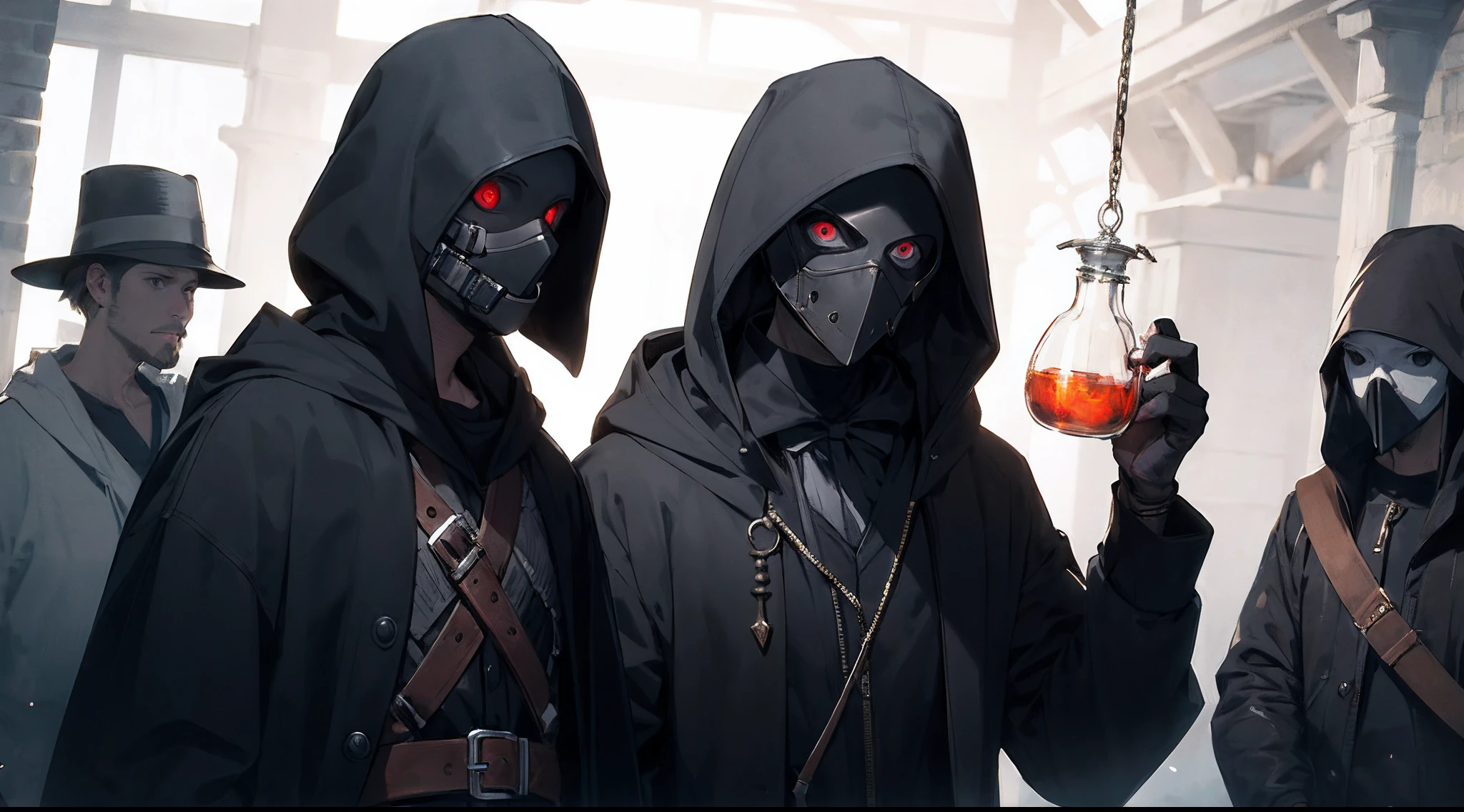 beautiful, (masterpiece:1.2), (best quality:1.2), realistic, perfect eyes, perfect face, perfect lighting, 1boy, plague doctor, hood, mask, plague doctor mask, faceless, holding a potion, evil looking, skull belt