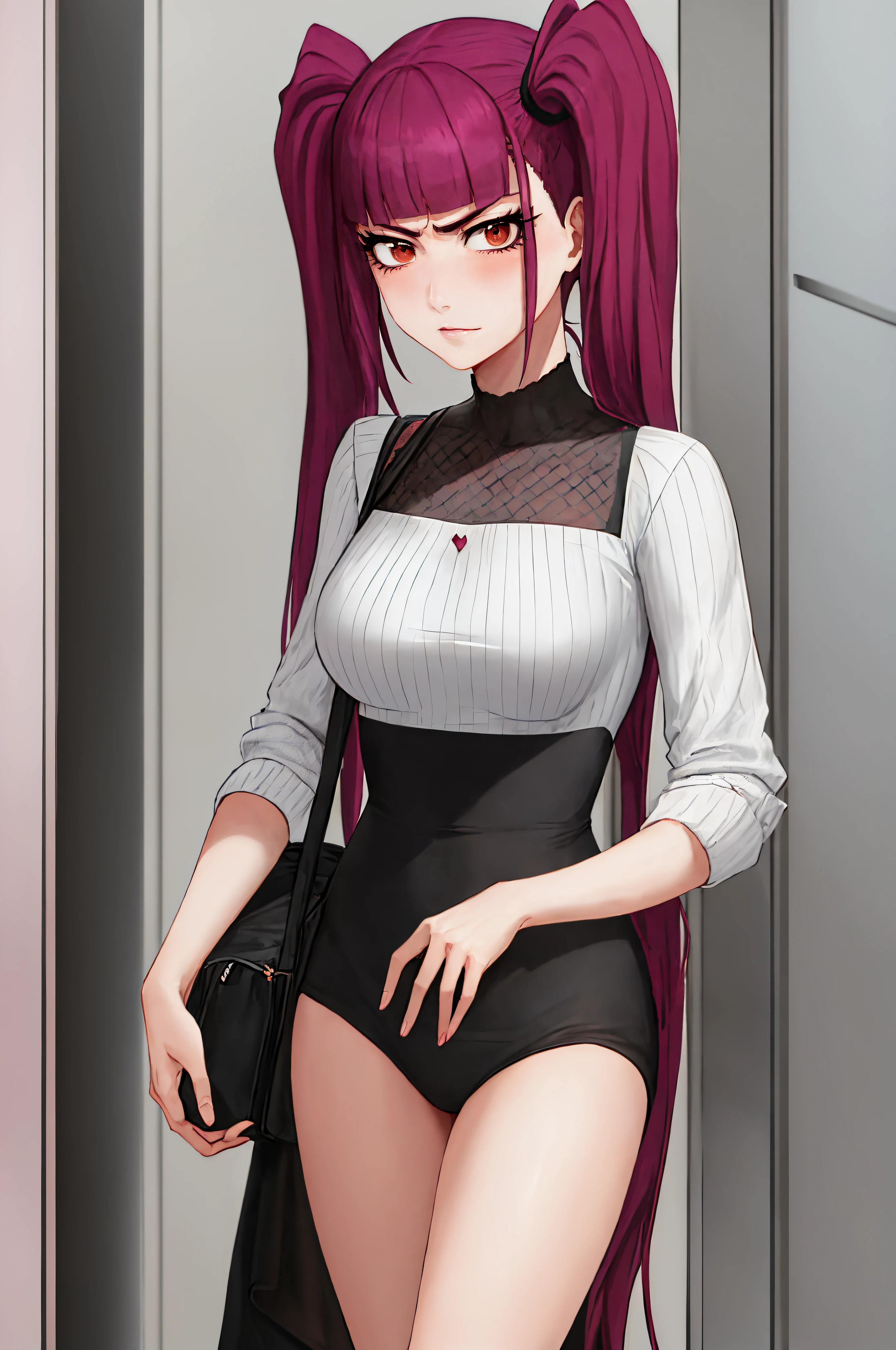 Riruka in her 20s, wearing a stylish casual outfit, with meticulous attention to detail on her face, emphasizing her expressive eyes, rosy blush, and a shy, yet angry expression. tsundere, Her hair is styled in twintails.