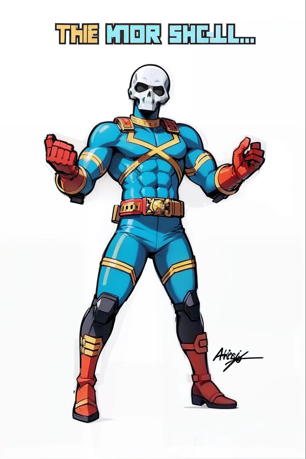 My Hero Academia style, anime boy, male, young male, trending on artstation pixiv, (full body shot:0.5), head covering, helmet, face covering, mask, skull helmet, skull mask, hero suit, full body suit, Blue suit with white, red boots and gloves with yellow details, silver belt, Perfect anatomy, perfect hands, super detailed,