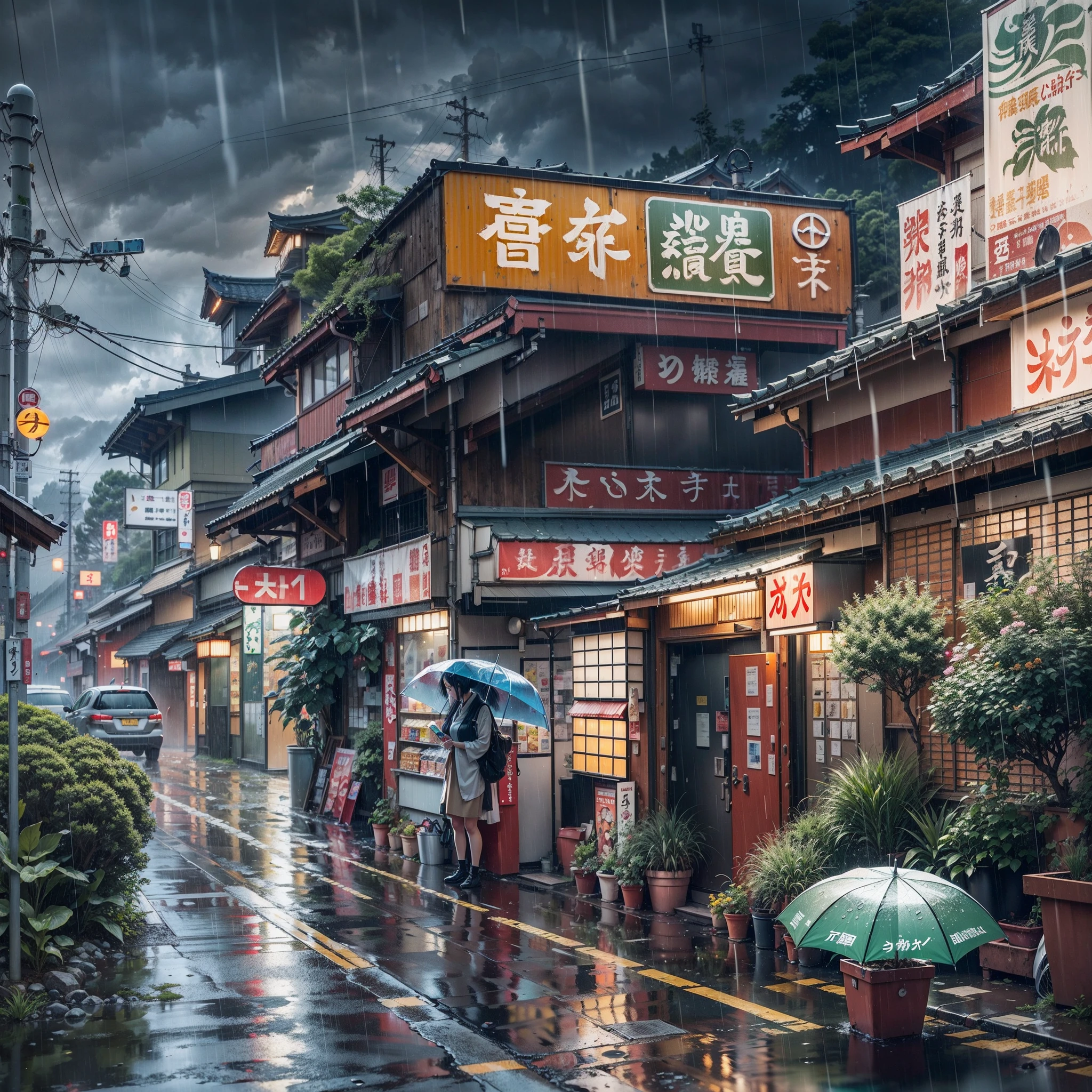 japan, Japanese street, overlooking city, modern Japanese architecture, Japanese style buildings, Japanese convenience store, Japanese shop signs, Japanese signs, plant pots, (no one: 1), no people, no one in sight, no cars, no vechiles, rain, raining, heavy rainfall, wet, puddles, dramatic rain, dramatic rain, heavy rain, lots of rain, rain drops, rain falling, rain drops falling, gloomy weather, emerging sun through clouds, storm