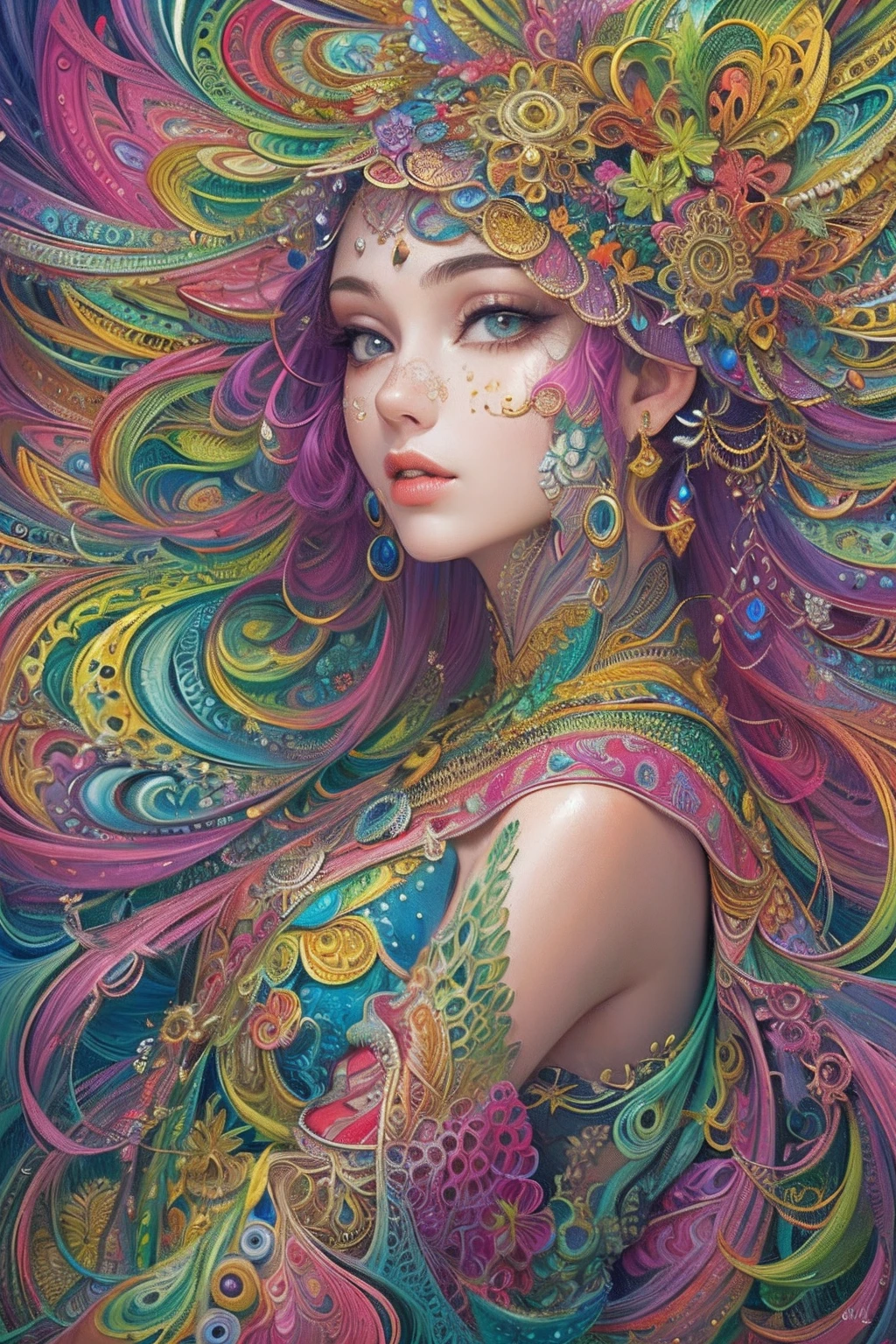 (masterpiece、top-quality、top-quality、Official art、Beautifully Aesthetic:1.2)、(1girl in:1.3)、ighly detailed、(Fractal Art:1.2)、colourfull、highestdetailed、(Zentangle:1.2)、(Dynamic Pause) 、(Abstract background:1.5)、(Nice dress:1.2)、(shinny skin)、(Many colors:1.4)、full bodyesbian 、((shorth hair))