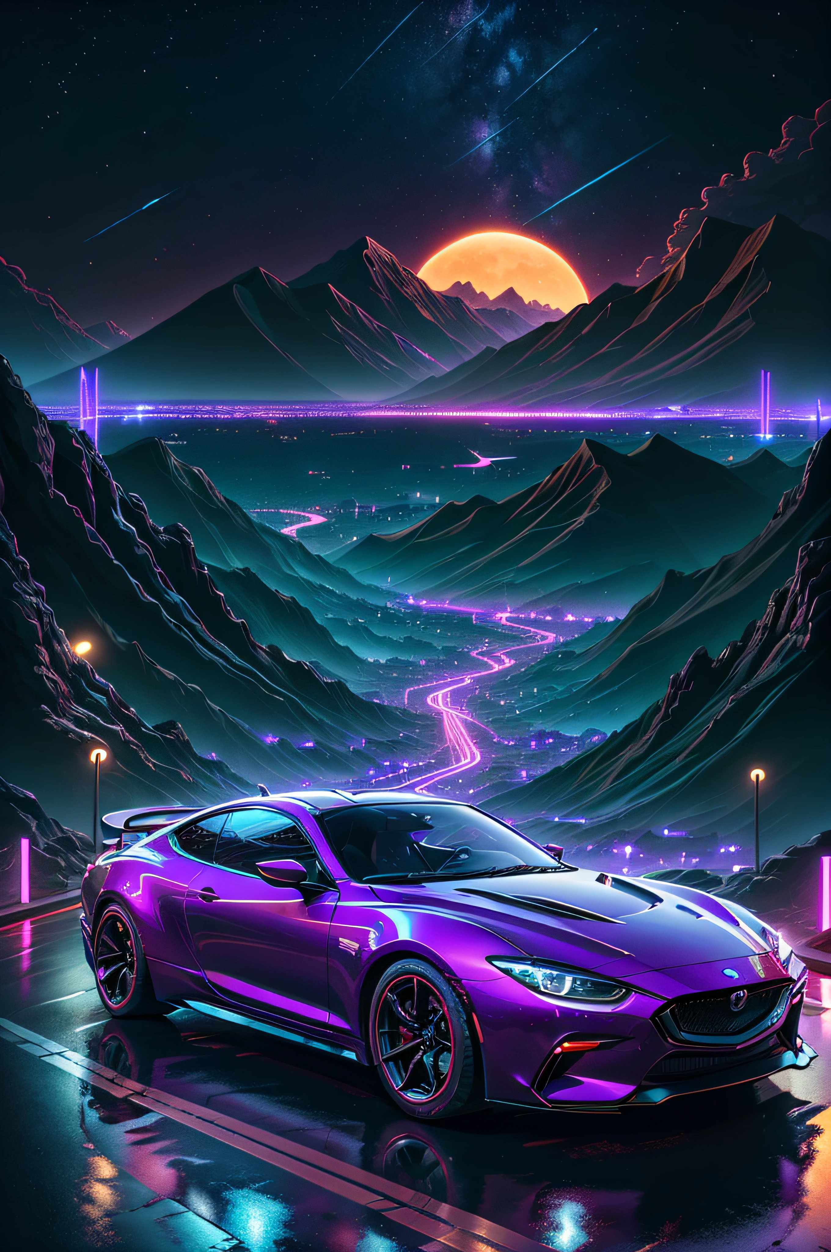 retrowave. city, 2018 Mazda M6,wide body kit, road,  purple neon lights, sun, mountain, 
(masterpiece,detailed,highres),