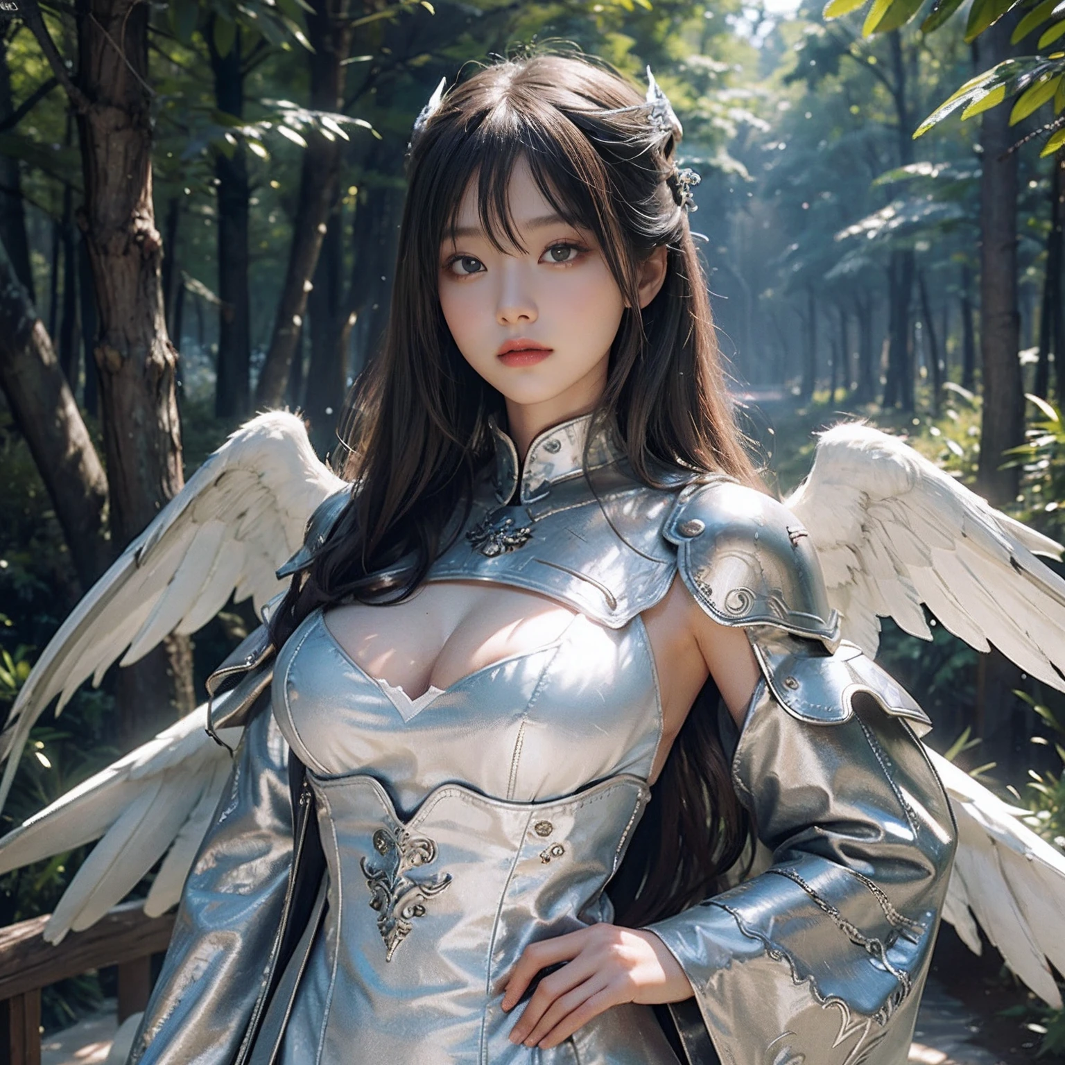 1girl in, 独奏, offcial art, unity 8k wall paper, ultra-detailliert, beautifly、Aesthetic, ​masterpiece, top-quality, Photorealsitic, Female angel in her 20s、3 pairs of large wings、3 pairs of white large wings on the back,,,,:2.0、gigantic wing、Seraph、Silver armor covering the whole body:2.0、Silver Gauntlet、Silver Sollet、Lion emblem、Hair ornament with small wings、Luxurious decorative spear、big weapon、Circle of Angels Emitting Light、Angel Halo:2.0、light magic、depth of fields, Fantastic atmosphere, Calm palette,  Soft shading、You can see the forest in the distance、elegent、Full body like、Plump、very large breast、Wide waist、Floating in the air:2.0、Flying in the sky:2.0、You can see the castle on the mountain in the distance