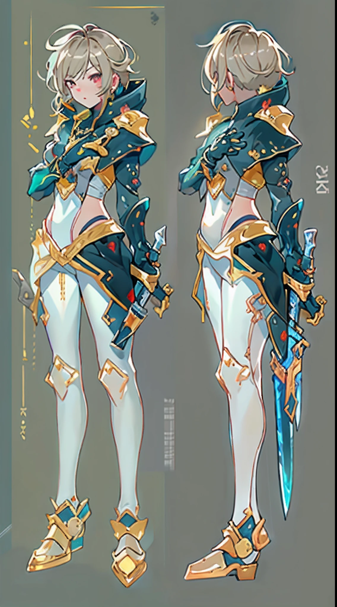 Design a layout showcase Gaming character, (1boy). Golden+Purle clothes, stylish and unique, ((showcase weapon:1.4)), magic staff, (masterpiece:1.2), (best quality), 4k, ultra-detailed, (Step by step design, layout art:1.5), (luminous lighting, atmospheric lighting), Final Fantasy style, magican, ((glove full hands)), fran, viera, (((revealing clothes:1.3))), vambraces, armored legwear, (((full_body_shot:1.4))), Niji