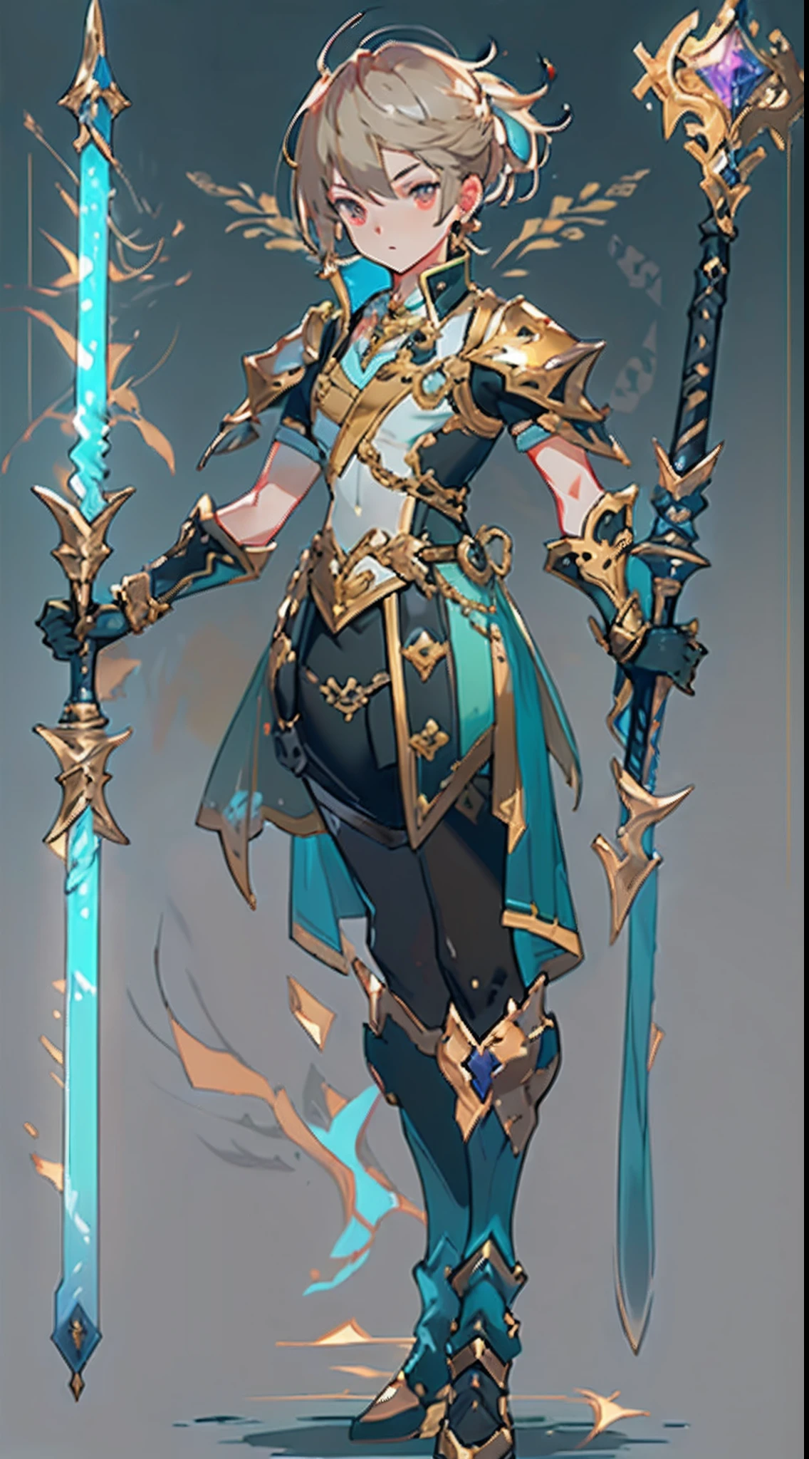 Design a layout showcase Gaming character, (1boy). Golden+Purle clothes, stylish and unique, ((showcase weapon:1.4)), magic staff, (masterpiece:1.2), (best quality), 4k, ultra-detailed, (Step by step design, layout art:1.5), (luminous lighting, atmospheric lighting), Final Fantasy style, magican, ((glove full hands)), fran, viera, (((revealing clothes:1.3))), vambraces, armored legwear, (((full_body_shot:1.4))), Niji