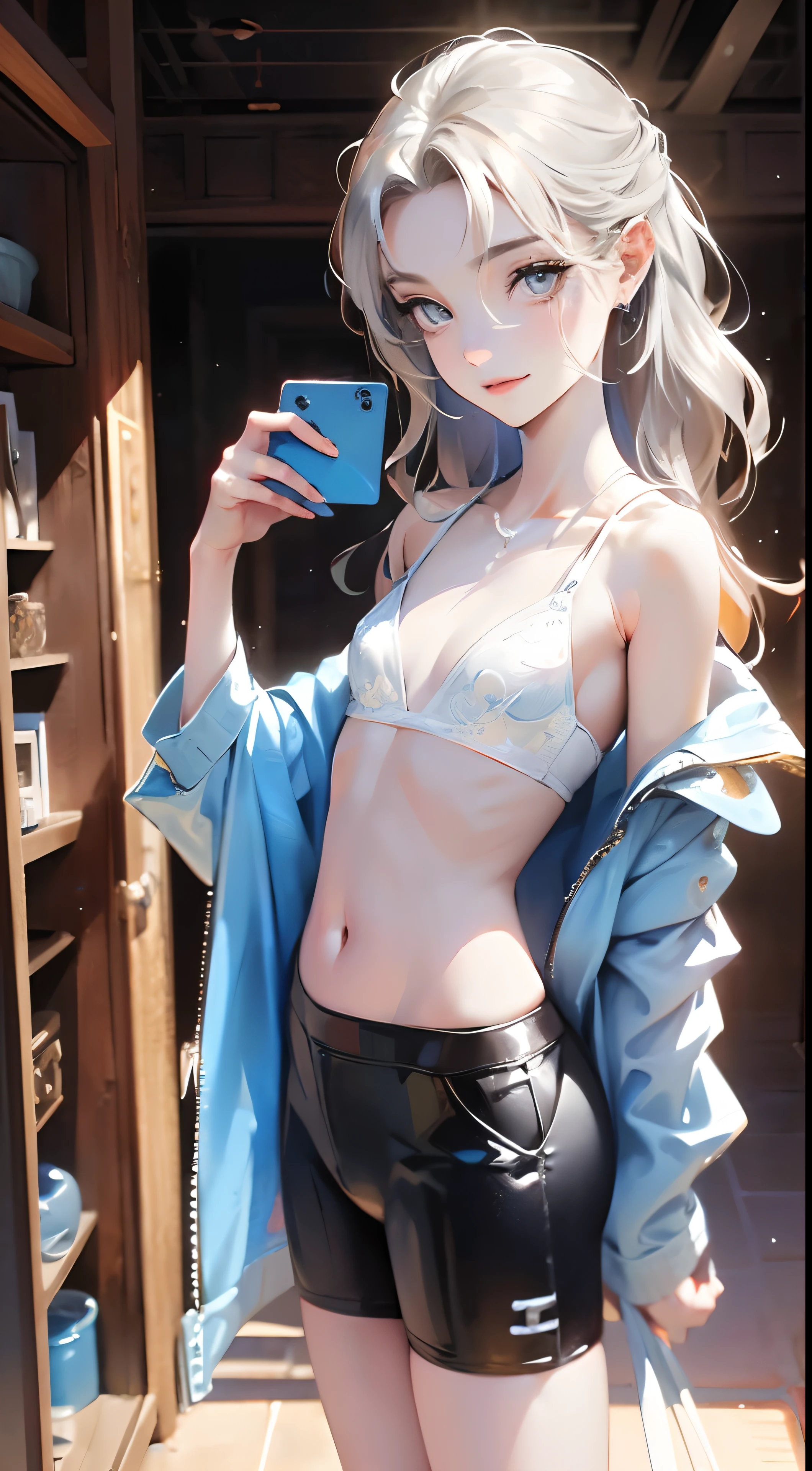 1girl, ultra-detailed, extremely detailed, masterpiece, highest quality, best quality, absurdres, highres, subsurface scattering, (1girl:1.2), (solo:1.2), hair bangs, (lewd smile:1.0), eyes reflections, detailed eyes, perfect eyes, rendered eyes, (looking at viewer:1.2), dynamic angle, dynamic pose, phone, full body, (detailed skin:1.1), skin pores, shiny skin, glossy skin, (skindentation:1.2), (((small breasts))), ((flat chest)), golden hair flow, (perfect body : 1.1), (long wavy hair : 1.2) , silver-golden hair, wavy long hair, tiny elegant summer, daytime, outdoors, city, sidewalk, alley, (signs:0.9), (water:0.9), (plants:0.9), (detailed background:1.2), (intricate background:1.2), (flat chest and long elegant legs), Blue-white eyes,Beautiful eyes,cute smiling, (eyes with fine details), (small flat breasts: 1.5), slit in the crotch,nsfw:1.0, midriff,
indoors,bedroom,standing,cowboy shot,