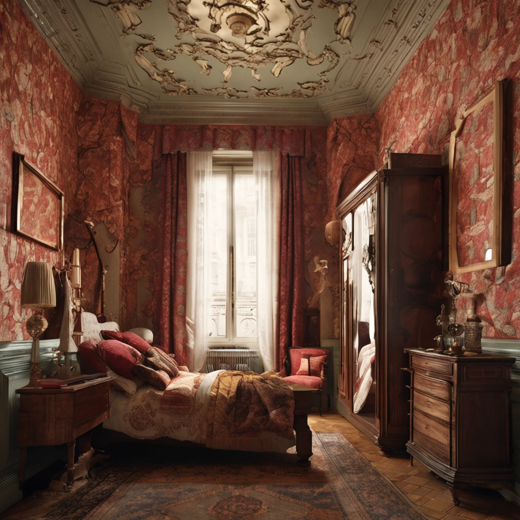 best quality, master part, ultrahigh-resolution, (fotografia realista:1.4), Surrealismo, Semelhante a um sonho,FusionArt, mulher triste, nineteenth-century clothing, room with nineteenth century décor, deitada na cama