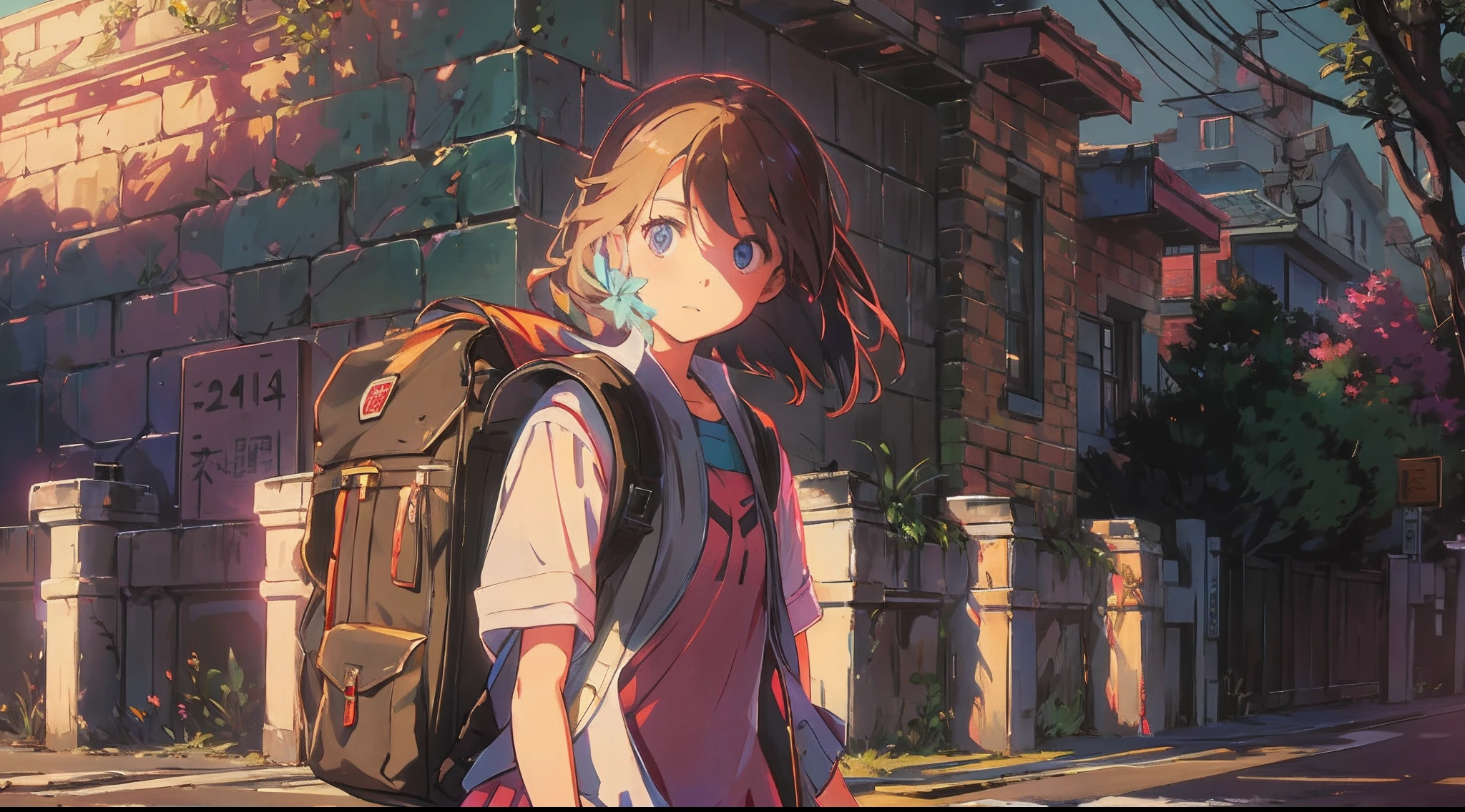 Emily, a timid teenage girl, walks alone from school late in the day. Image: A young girl with a backpack walking along a deserted street, the setting sun casting long shadows behind her.