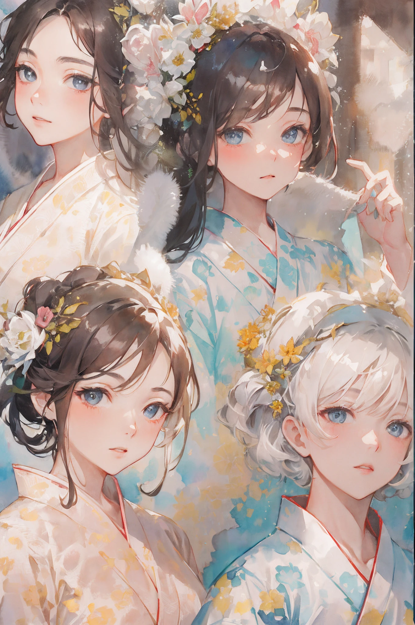 Beauties in yukata、Soft Focus , Light gradient watercolor , Dreamy , White background
