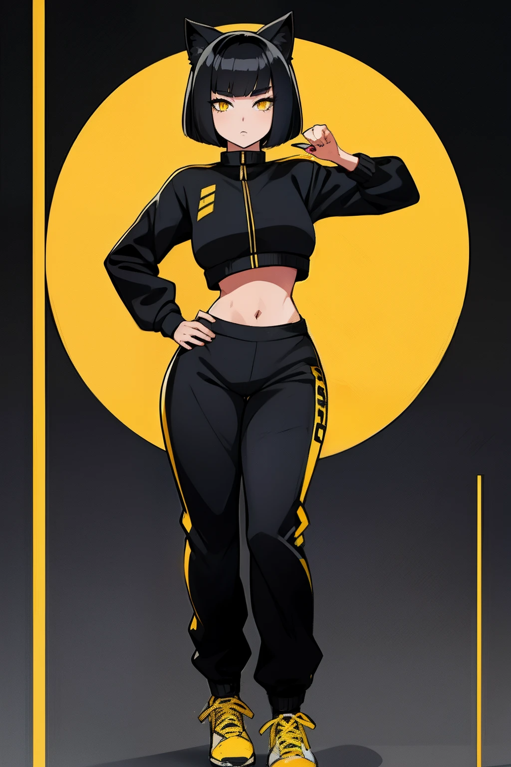 1girl, bob haircut, cat ears, black hair, black white and yellow tracksuit, yellow eyes, looking at viewer, wide hips, long pants, full body