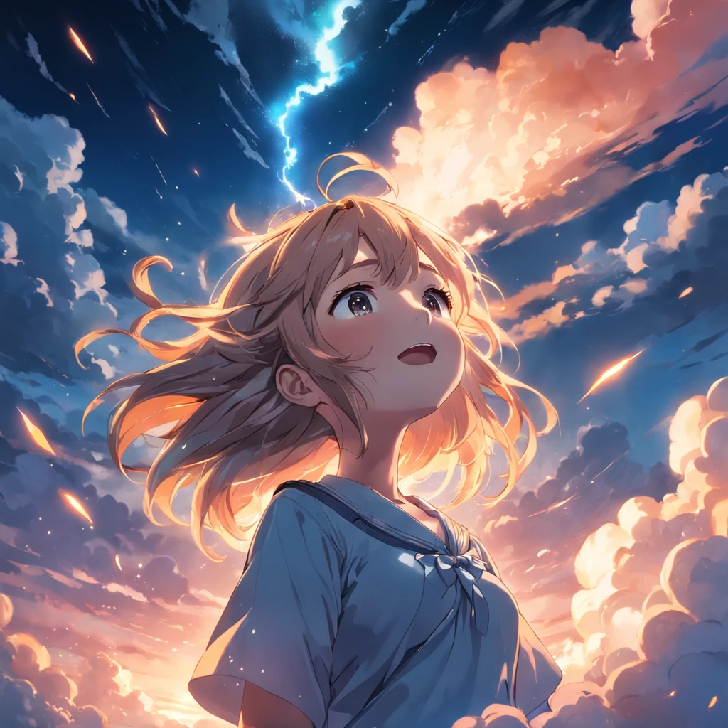 masterpiece, best quality, movie still, 1girl, cloud girl, floating in the sky, close-up, bright, happy, warm soft lighting, sunset, (sparks:0.7)