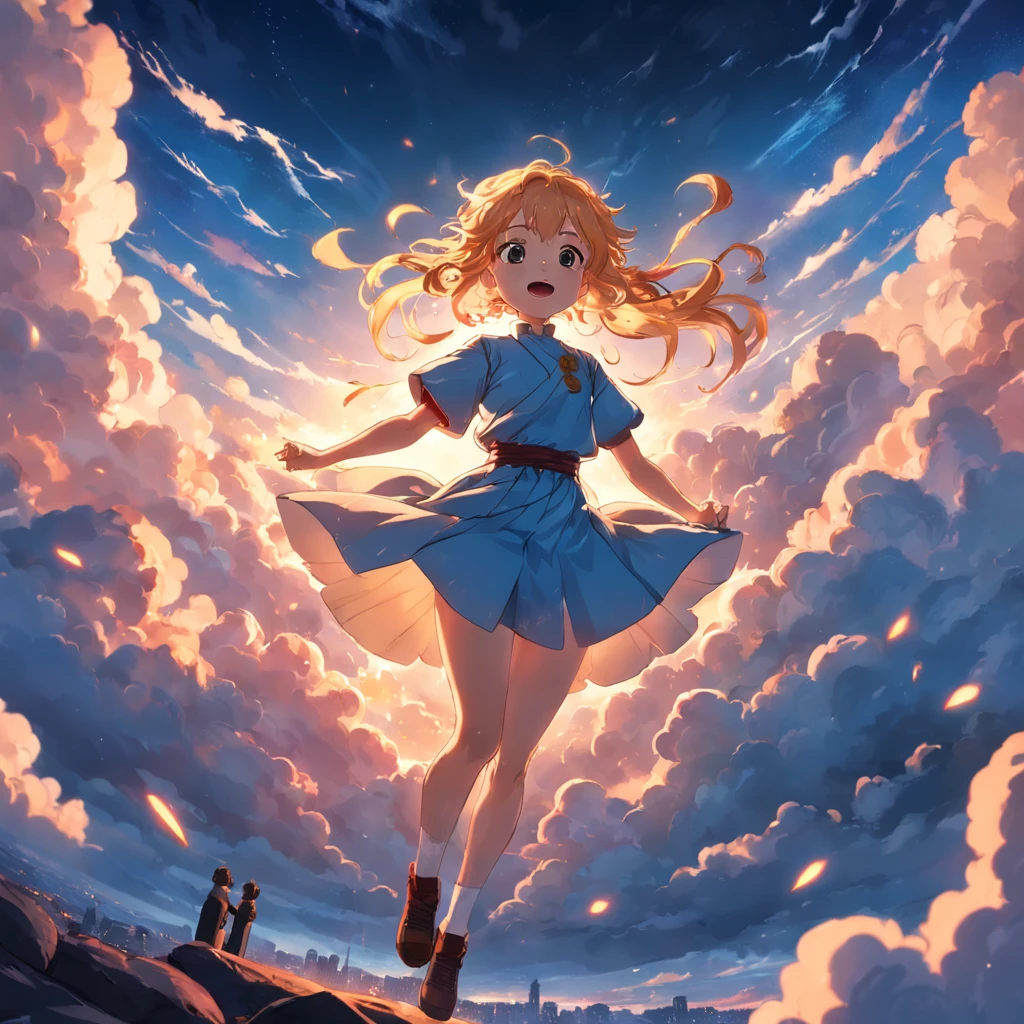 masterpiece, best quality, movie still, 1girl, cloud girl, floating in the sky, close-up, bright, happy, warm soft lighting, sunset, (sparks:0.7)