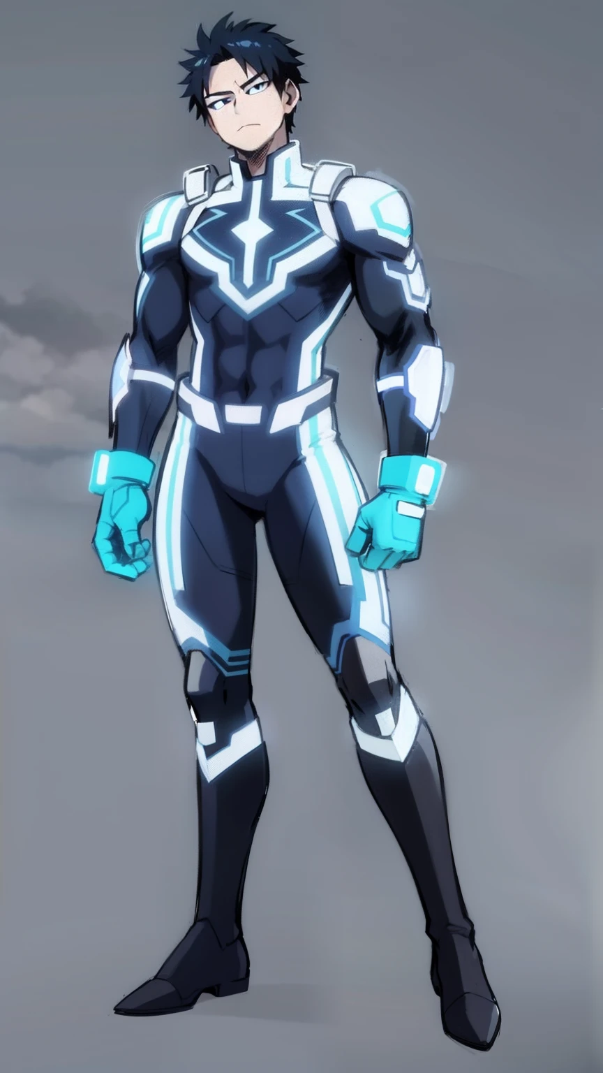 My Hero Academia style, anime boy, male, young male, trending on artstation pixiv, (full body shot:0.5), short hair, black hair, blue eyes, glowing eyes, hero suit, full body suit, white and blue color suit, blue lightning around, blue lightning, lightning around, perfect hands, Perfect anatomy, Super Detailed,
