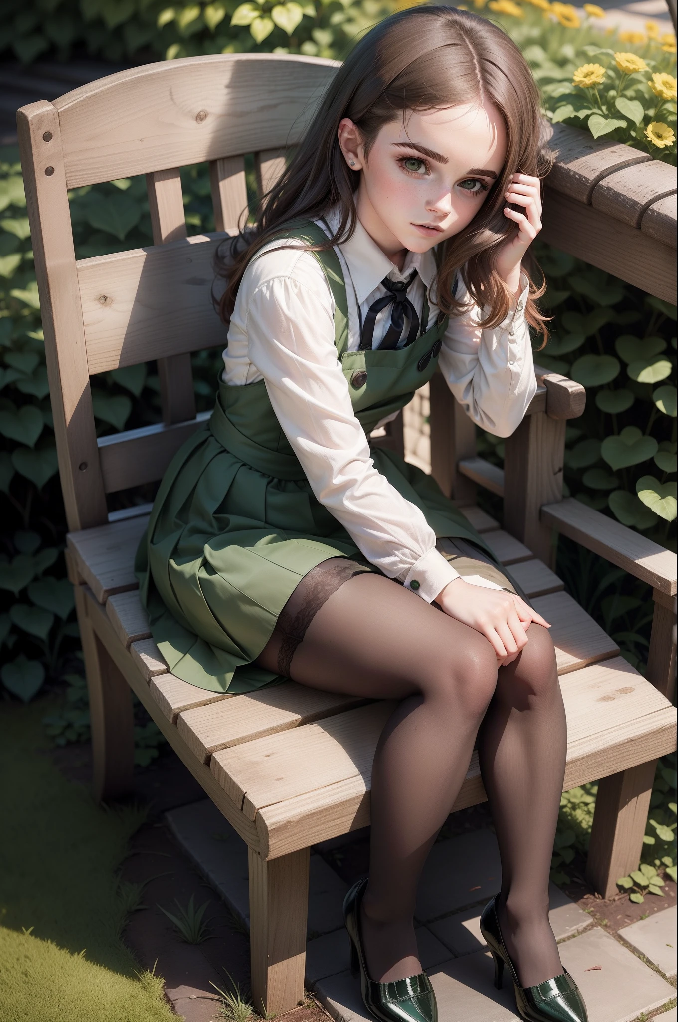 Emma Watson dressed in dark green pinafore dress, white blouse, fishnet stockings, dark green striped school tie, high heel shoes, sitting on a garden bench reading a book