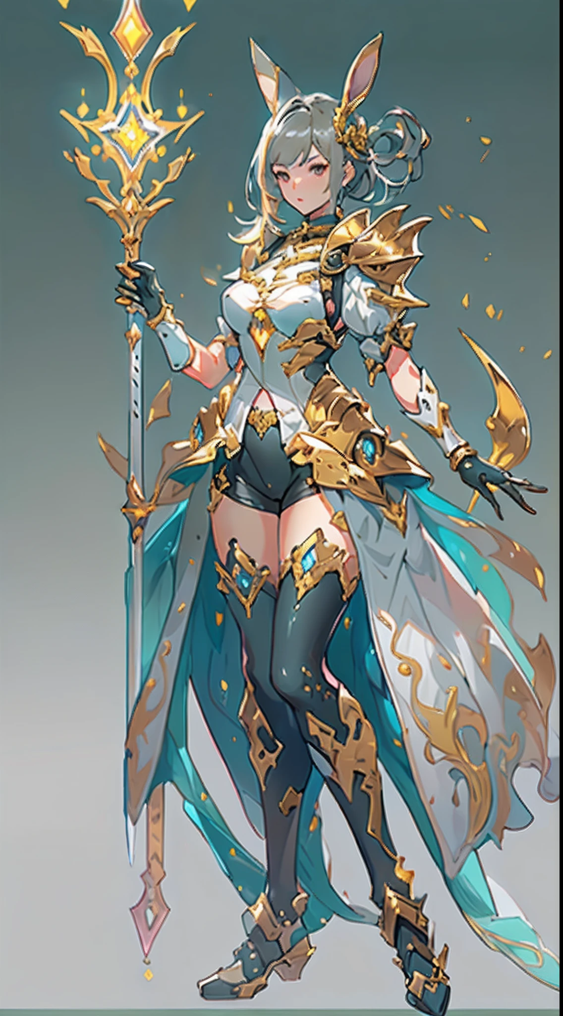 Design a layout showcase Gaming character, (1girl). Golden+Purle clothes, stylish and unique, ((showcase weapon:1.4)), magic staff, (masterpiece:1.2), (best quality), 4k, ultra-detailed, (Step by step design, layout art:1.5), (luminous lighting, atmospheric lighting), Final Fantasy style, magican, ((glove full hands)), fran, viera, (((revealing clothes:1.3))), vambraces, armored legwear, (((full_body_shot:1.4))), Niji